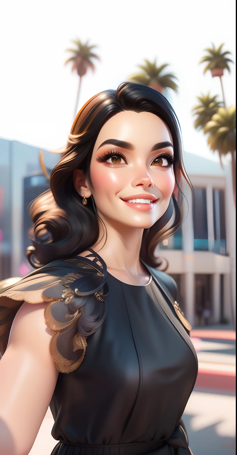 masterpiece, best quality, 3d rendering work, 3DMM style, close-up, portrait, 3D, woman 43 years old, dark skin, brown eyes, black sunglasses, medium wavy black hair, soft arms smile, 80 kg overweight, wear little black dress, palm trees in the background, city background. Colors Candy color, cute