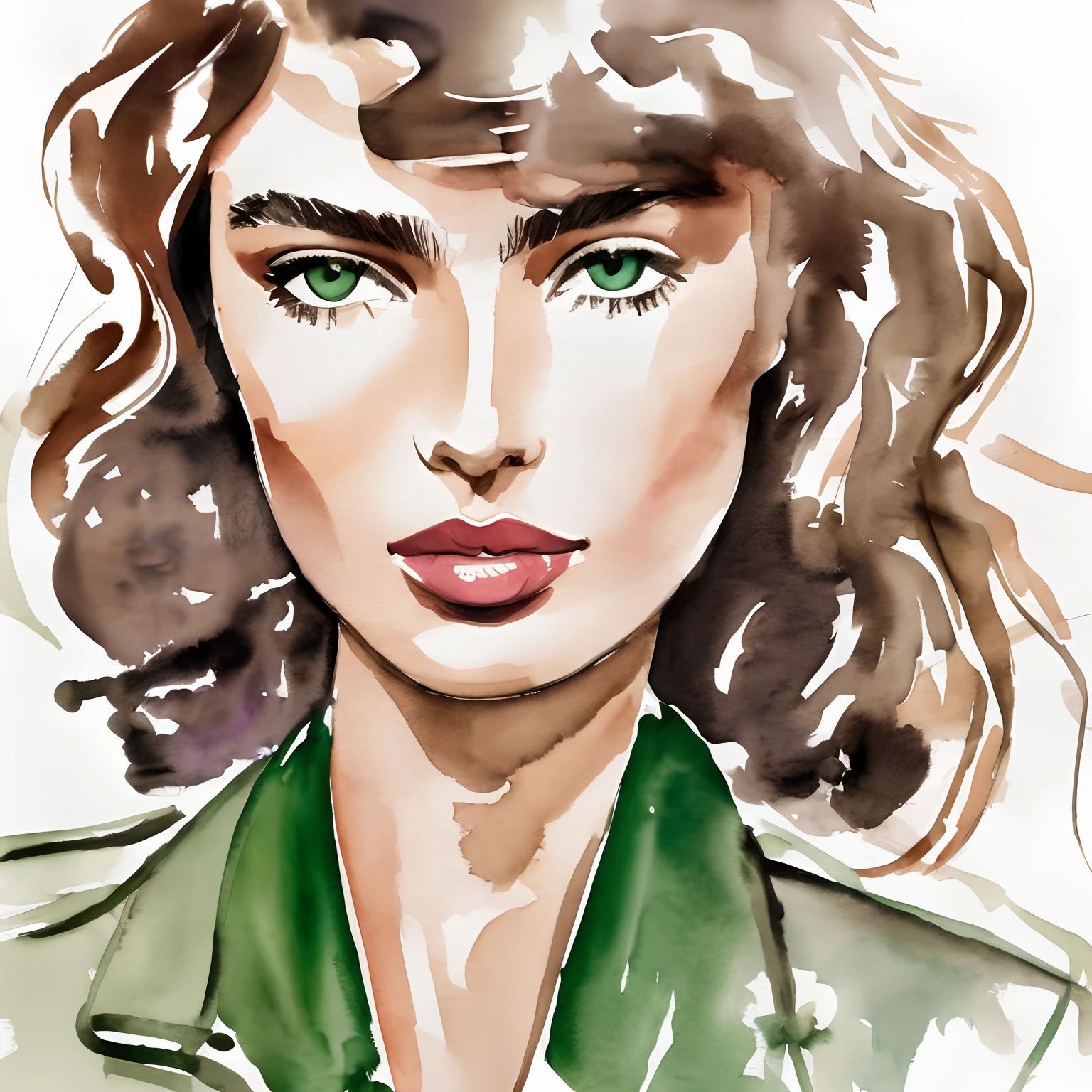 David Downton fashion illustration, watercolor drawing, light brown blonde thin hair, Andreea Diaconu, cute face, green eyes, rose lipstick, lilac sweatshirt, gray leather jacket, orange autumn leaves