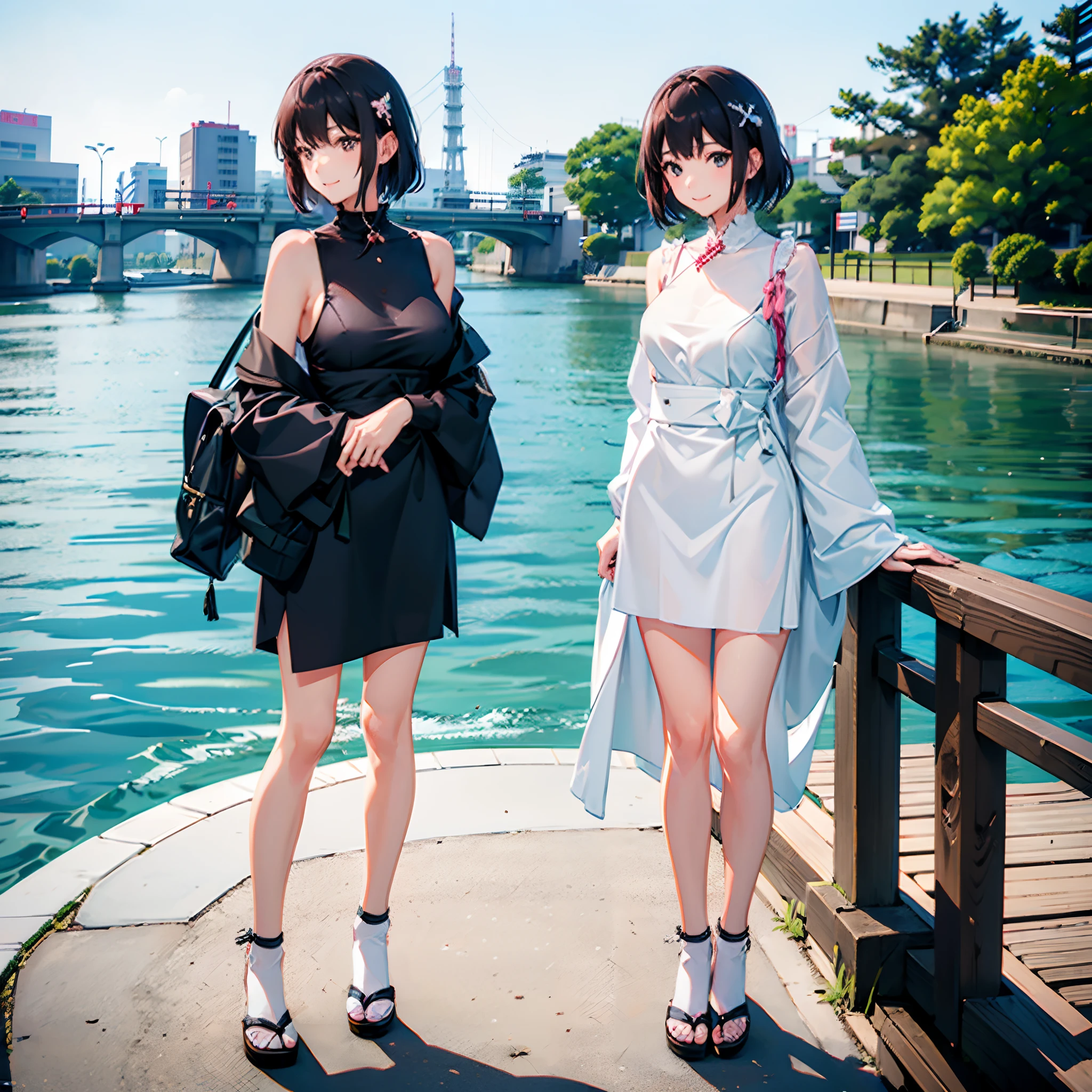 Two Japan women taking photos in a park on the Sumida River in Japan、She was a 27-year-old woman with loose, fluffy short hair and small breasts、One is a 31-year-old woman with small breasts and a dark brown lob...The two are having fun、small tits、Small、discreet breasts、street snap、Adult Women's Plain Clothes、Sheer feeling、Beautuful Women、