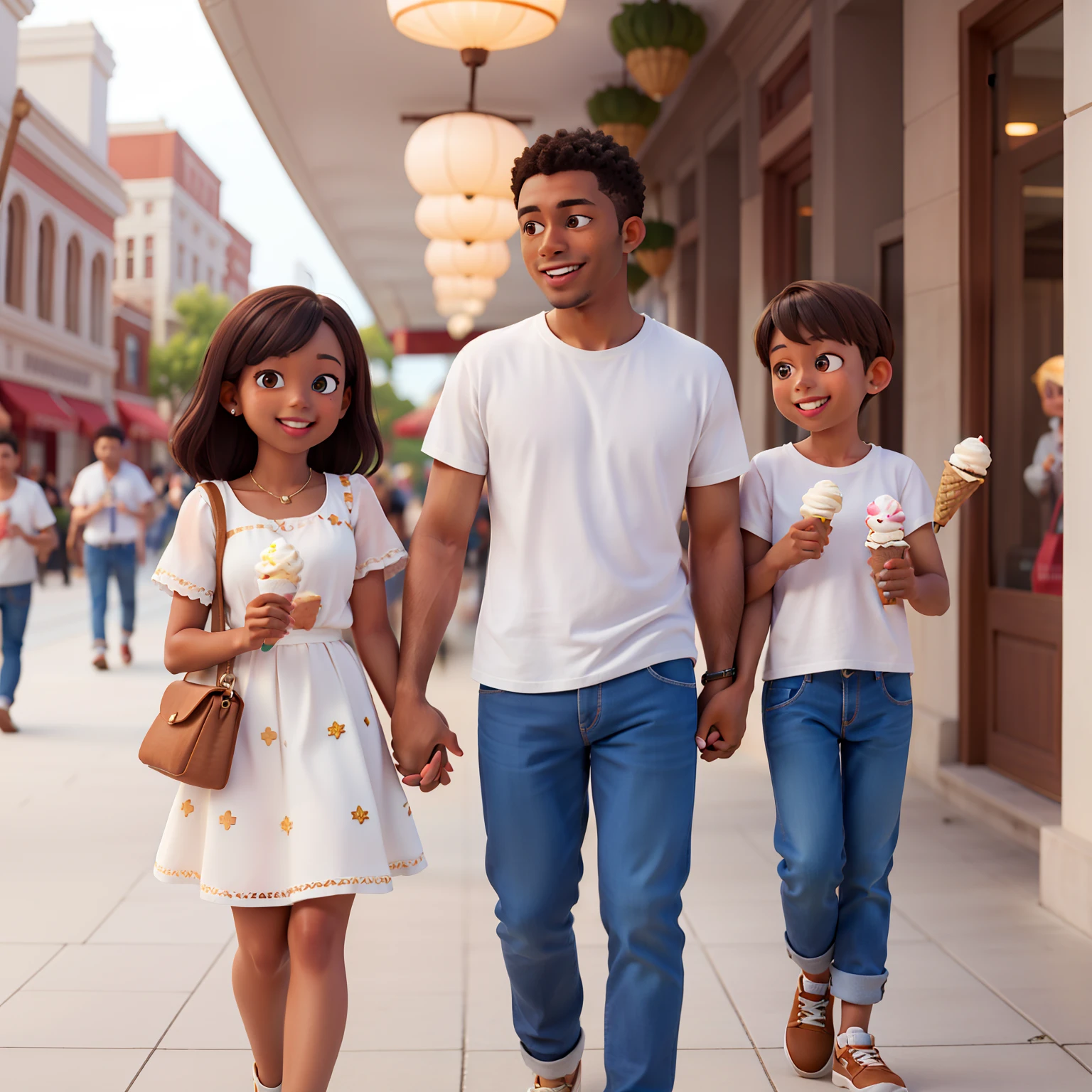 Masterpiece, high quality, best quality, man and woman, a couple, seen with children, their children eating ice cream cones in the mall, dark-skinned people, brown hair and eyes smiling.