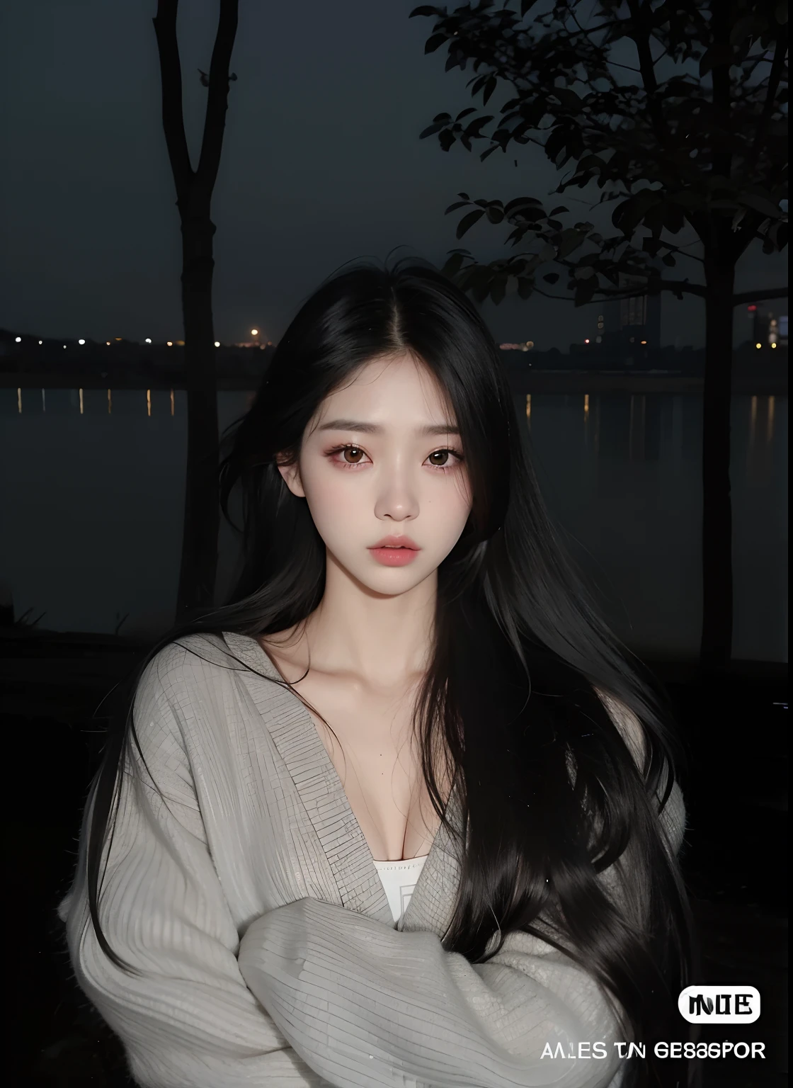 A closeup of a woman with long black hair standing near a body of water, cruel korean goth girl, Ulzzang, com olhos assombrados e cabelos escuros, Mulher sul-coreana bonita, menina coreana, pale young ghost girl, Jinyoung Canela, pale goth beauty, com cabelos longos e olhos penetrantes, Jaeyeon Nam, com cabelos longos, linda mulher coreana jovem