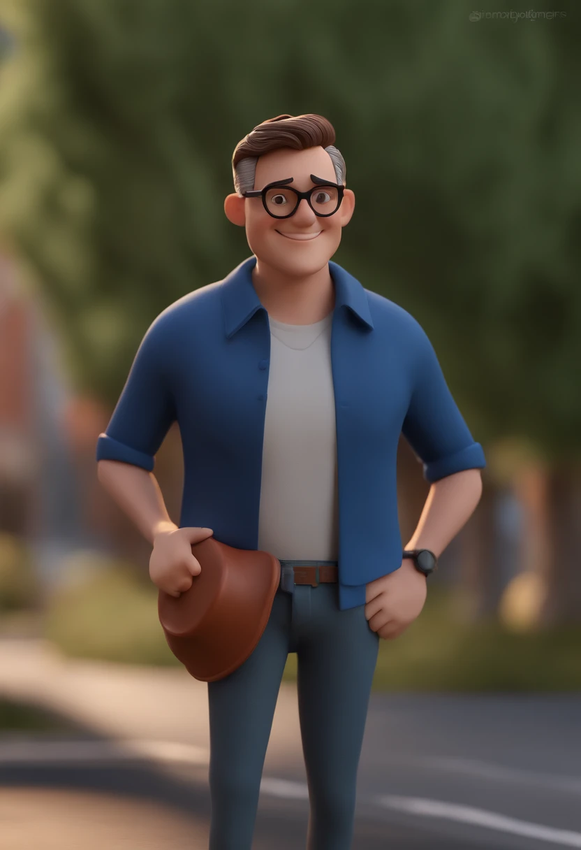 Cartoon character of a man with black glasses and a blue shirt, animation character, Caractere estilizado, animation style rendering, 3D estilizado, Arnold Maya render, 3 d render stylized, toon render keyshot, Personagem 3D, Personagem 3D, 3d rendering stylized, 3 d character render, personagem de desenho animado, Personagem de close up, Pose de personagem, (Estilo Pixar) (master part:1.2) (Bokeh) (best quality) (pele detalhada) (textura detalhada) (8k) (argila) (Cinematic lighting) (foco nítido