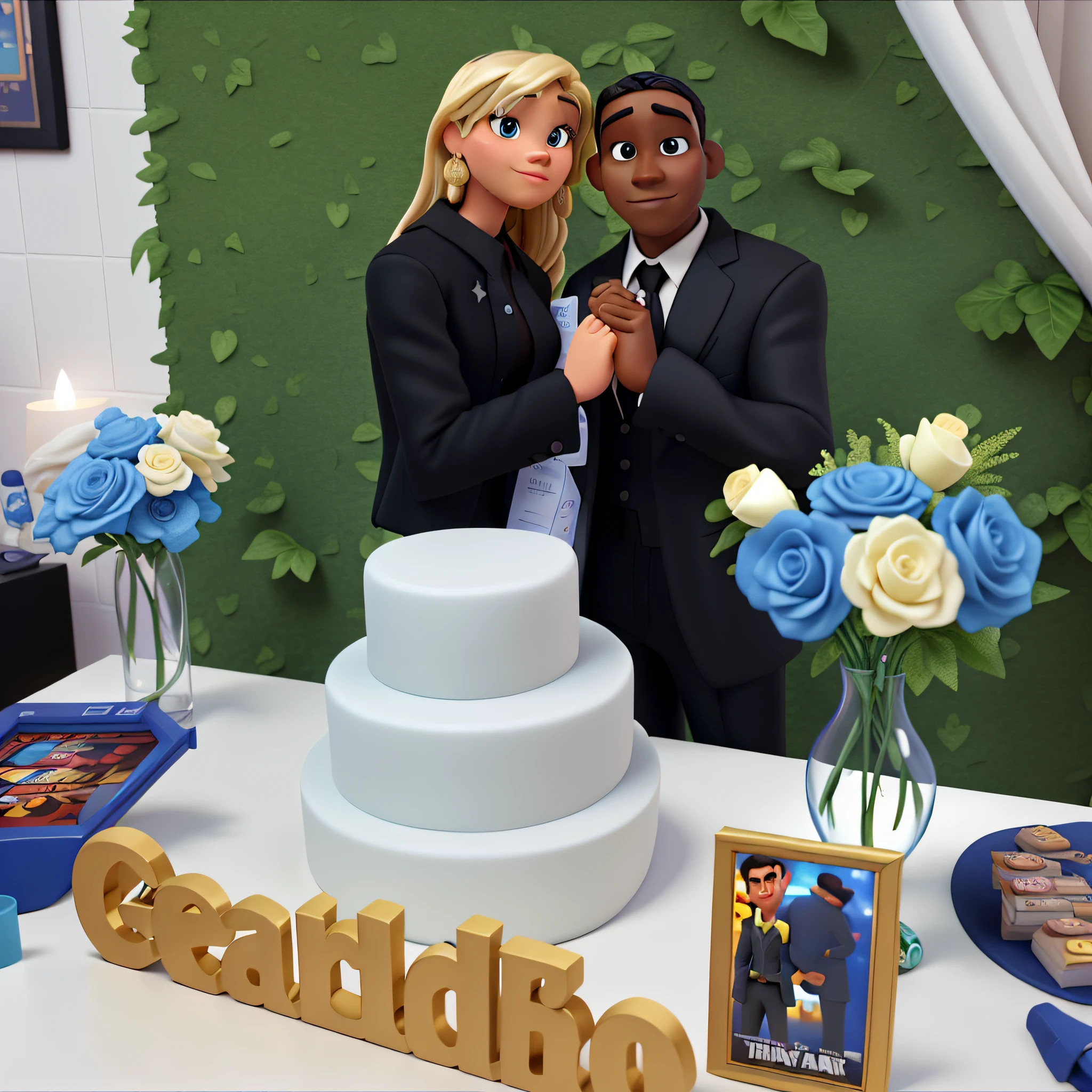 Disney Pixar 3D style poster. a dark-skinned man in a black suit and a blonde woman, high quality