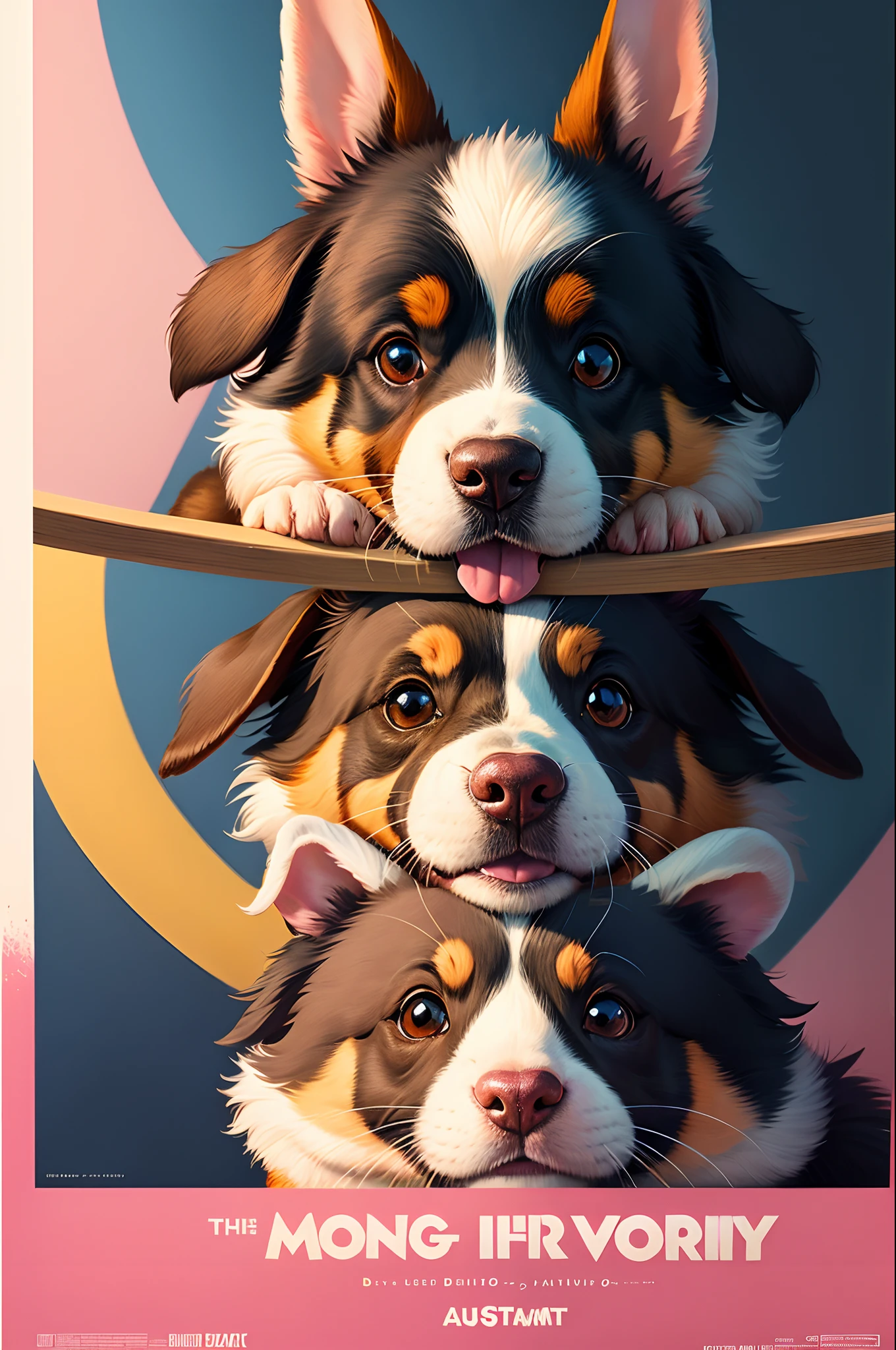Disney Pixar movie poster with black and white australian shepherd with a pink collar named Brisby