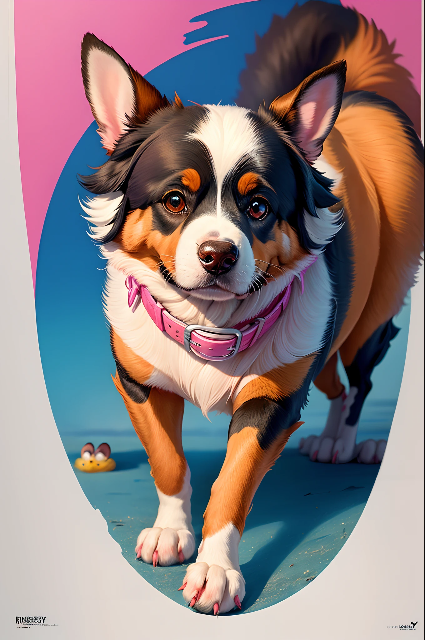 Disney Pixar movie poster with black and white australian shepherd with a pink collar named Brisby