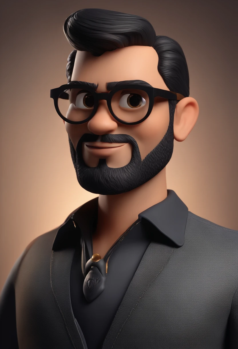 Cartoon character of a man with black round glasses, com barba preta,e uma camiseta preta, animation character, Caractere estilizado, animation style rendering, 3D estilizado, Arnold Maya render, 3 d render stylized, toon render keyshot, Personagem 3D, Personagem 3D, 3d rendering stylized, 3 d character render, personagem de desenho animado, Personagem de close up, Pose de personagem,  (Estilo Pixar) (master part:1.2) (Bokeh) (best quality) (pele detalhada) (textura detalhada) (8k) (argila) (Cinematic lighting) (foco nítido