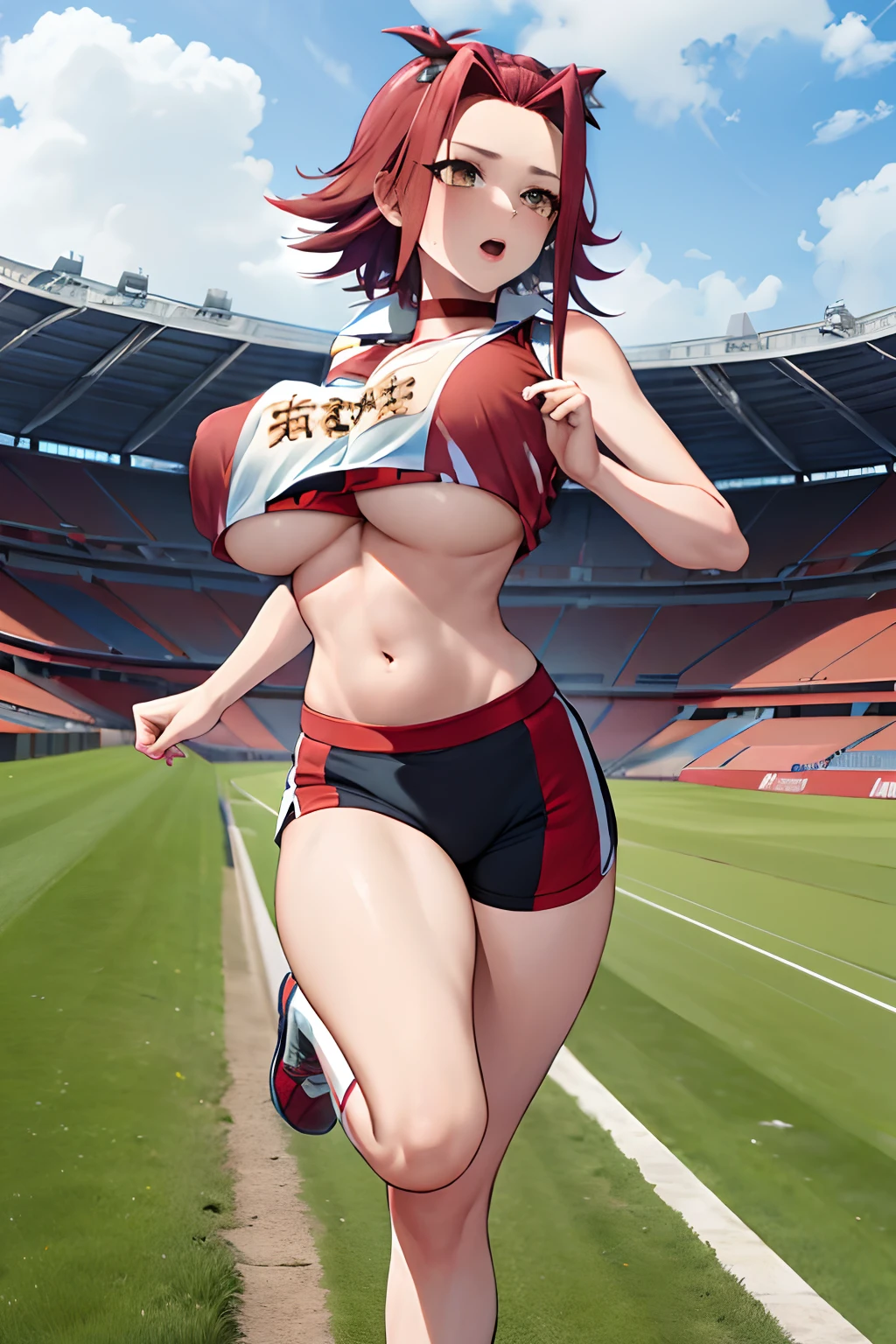 masterpiece, best quality, highres, aki1, izayoi aki, solo, underboob, choker, ((gigantic breast:1.2)), olympic running clothes, yellow eyes, outdoors, full body shot, thick, olympic stadium, ((running)), visible navel, sleeveless, midriff, athletic shorts, thight clothes