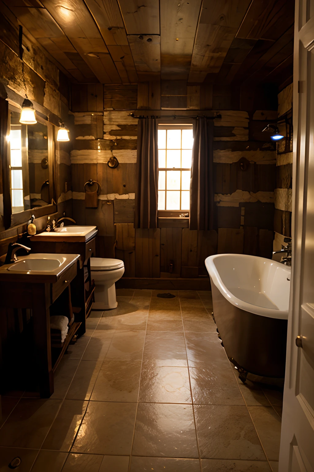 Bathroom of a rustic style inn, mood lighting, Full view of the interior of the bathroom