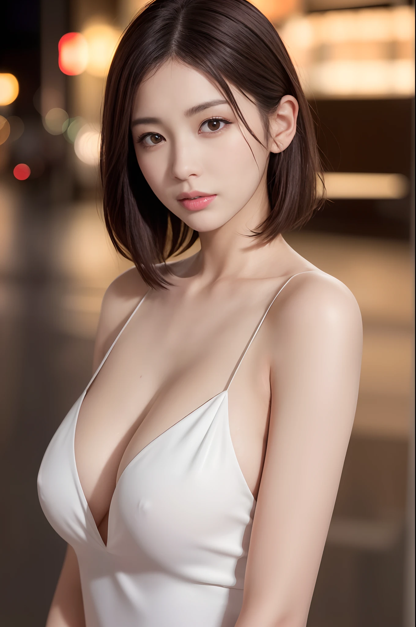 ((photorealistic)), (realistic), 8k, raw photo, (best quality), (masterpiece), ray tracing, high resolution, 1080p, top quality photo, random pose, mix4, one japanese girl, (small breasts), (saggy boobs), (pendulous boobs), cute, cityscape, night, rain, wet, professional lighting, photons mapping, radiosity, physically based rendering, gradient dark brown hair, short hair, disheveled hair, Deep V-neckline slip dress, pale skin, (clear face), fine clavicle, (detailed face description), (detailed hand description), (exquisite CG), extreme light and shadow, master work, rich details, (fine facial features), (highest quality photo), (detailed eyes), front view