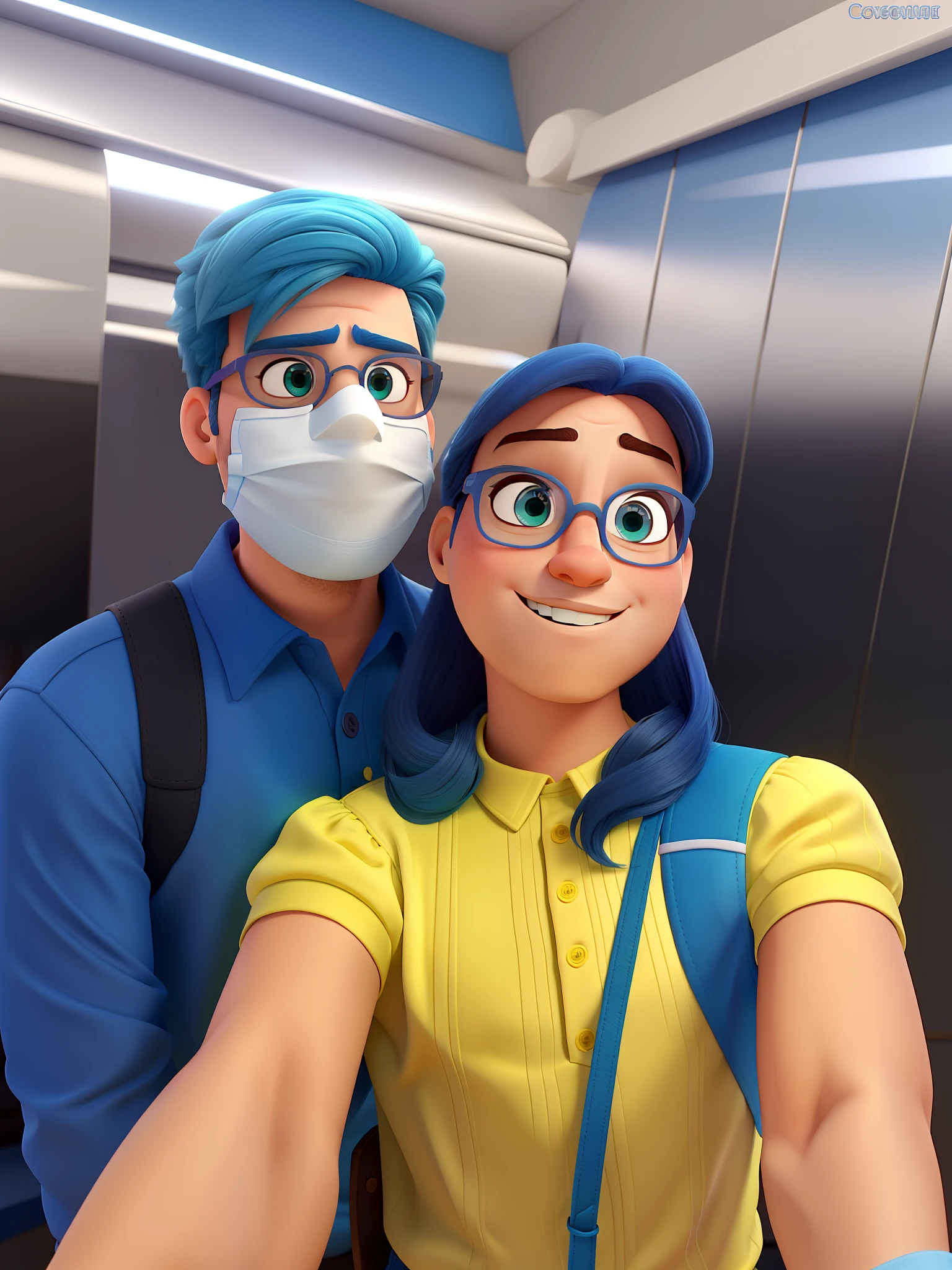 Casal estilo disney pixar melhor qualidade alta qualidade. Homem branco, olhos castanhos, he us using covid mask, camisa azul marinho. Mulher branca, olhos castanhas, Sunglasses with royal blue frame.