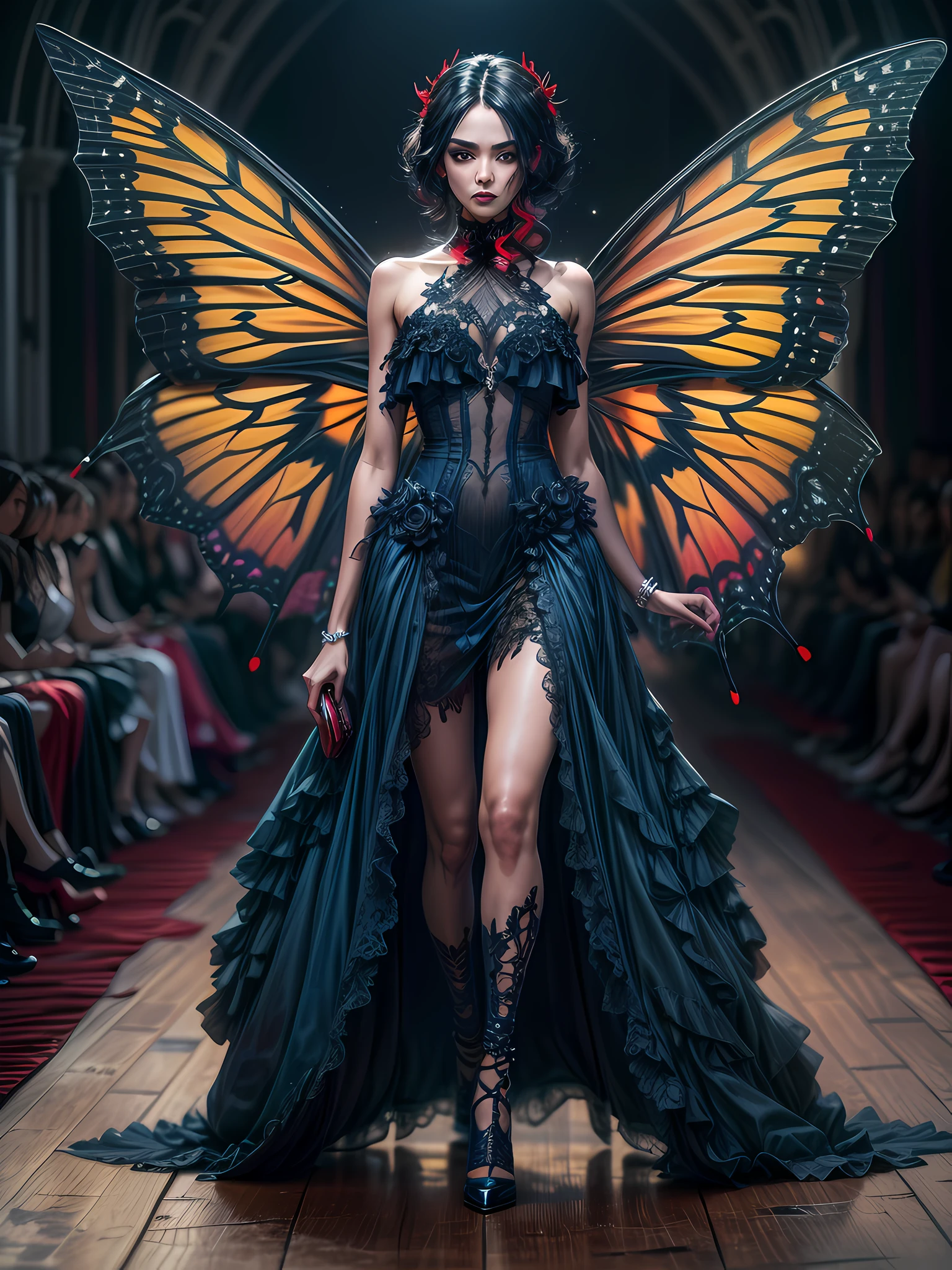 high details, best quality, 16k, RAW, [best detailed], masterpiece, best quality, (extremely detailed), full body, ultra wide shot, photorealistic, dark fantasy art, gothic art, an award winning photoshoot picture of an a dark vampiric fairy, exquisite beautifully fairy, ultra feminine, ultra detailed face,  red skin, black hair, glowing yellow eyes, black and red butterfly wings, wearing  clinging intricate details blue dress, wearing high heels,  walking on a fashion the (wood catwalk on the runway of a famous fashion show: 1.1), model fashion show background,  High Detail, Ultra High Quality, High Resolution, 16K Resolution, Ultra HD Pictures, Ultra Realistic, Clear Details, Realistic Detail, Ultra High Definition