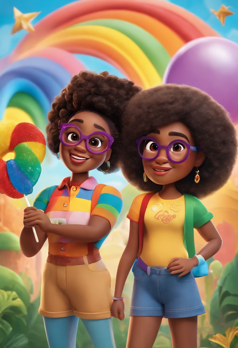 A 3D movie poster in Disney-Pixar style of a character that celebrates diversity and inclusion, with the title "Diversity." The character wears a variety of colorful clothes representing the colors of the rainbow, the symbol of the LGBTQ+ community. They sport stylish glasses and have lips adorned with vibrant lipstick. In their hand, they hold a rainbow-shaped lollipop. The background is a celebration of colors and diversity, with elements that promote equality and inclusion. This poster captures the inclusive and diverse spirit of the character in the Disney-Pixar style, with the title "Diversity" prominently displayed.