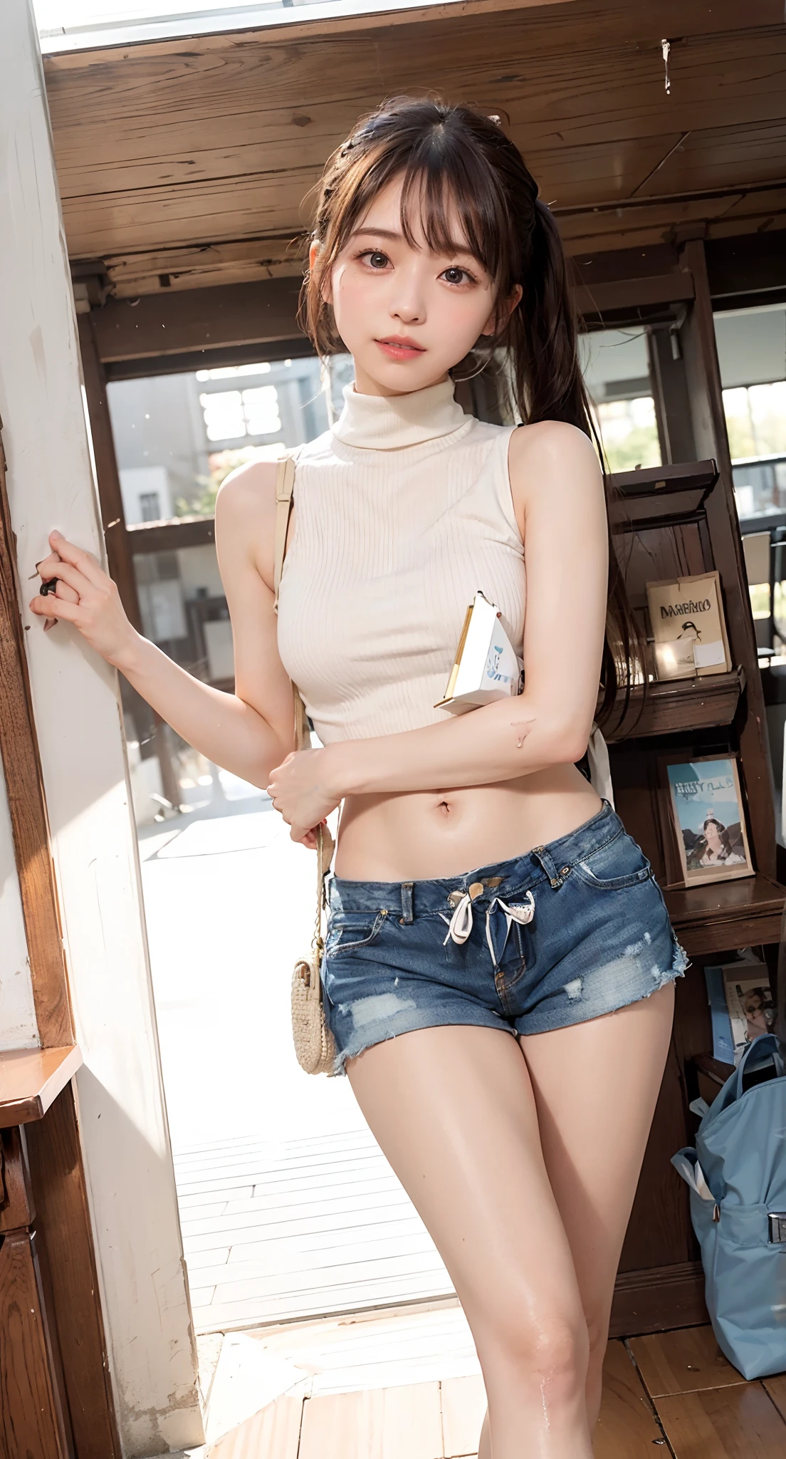(((Look away,poneyTail、Stand on one leg、smil))),(((((Mock Neck Top、Sleeveless、turtle neck、Shoulder bag、sockes、espadrilles、Damaged Denim Hot Pants))))),((at the library、Reading a book))、masutepiece, 1girl in, best qualtiy, Ultra Detail, (shiny), (Small)、(((with blush cheeks,))),Ray tracing,Perfect Lighting, (milky skin:1.2),reflection, up looking_で_viewer, blush, yellow_Eyes, Japan's cutest 28-year-old beautiful girl、Small ribbons in the hair、Contrast Legs