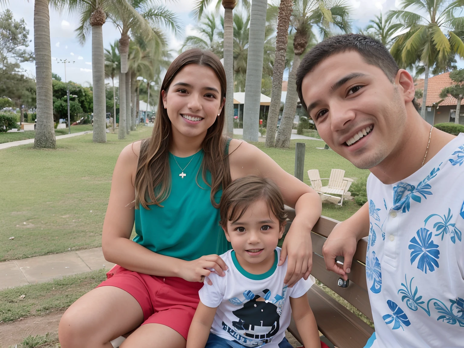 There are two people and a child sitting on a bench, mateus 9 5, caio santos, marido esposa e filho, Directed by: Nandor Soldier, Camilo GC, Happy family, 4 k post, Postagem 4k, vacation photo, divertindo-se, Directed by: Luis Miranda, Foto realista, adreas rocha