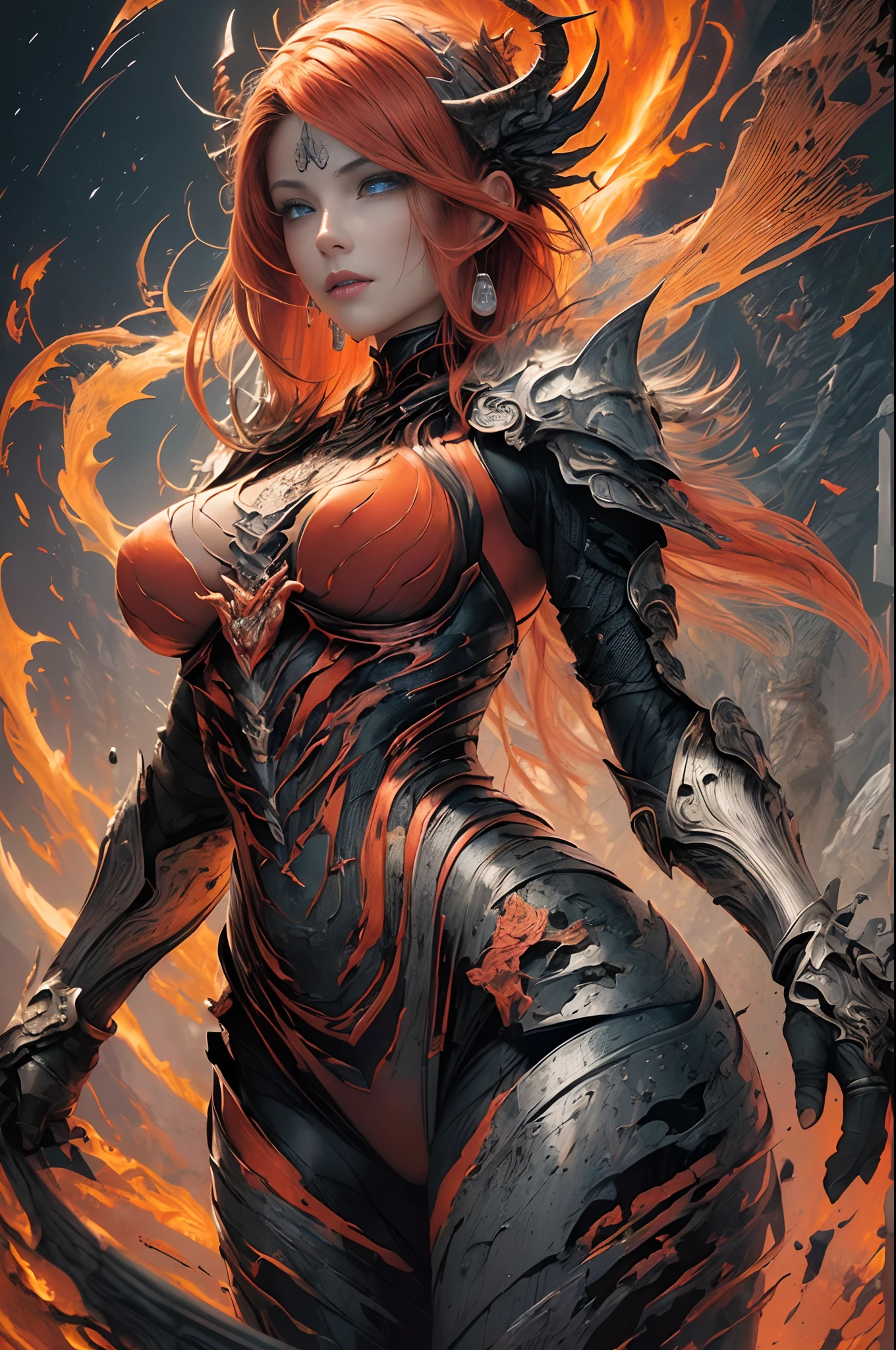 [Detailed illustrations, art based on extremely ideal anatomy, very detailed and detailed drawings, delicate lines with slow and urgent, realistic texture expression],((Color tressed main lines)),(Artwork with outstanding craftsmanship),(Lava Cave Background (Flame Hell: 0.4))),HENAI ANIME [Red-skinned DemonGirl 19 years old, slender muscular] Flame Hair (Demon Knight: 0.5),(Bone Armor ( crack in chest) (Blade of Fresh Blood: 0.4)) (Edge),((Dark fantasy)),((Fine and beautiful skin expression (transparency))),((Clear gaze)),((Perfect eye details (Beautifully drawn eyes)))),(Beautiful perfect face (Realistic face details)),((Beautiful hair details)),(Perfectly proportioned proportions)),( Design built to a high level, ((Advanced structural understanding of materials)),Ideal color coordination),((Artistic decoration)) ((Dense detail)),((Detail,High definition)),[(Ultra-precision detail),((Multilayer texture)),HighQuality,High Resolution],((Accurate simulation of light-material interactions, Understanding of air flow, mechanically correct expression))), ((visual art that conveys a sense of narrative)).