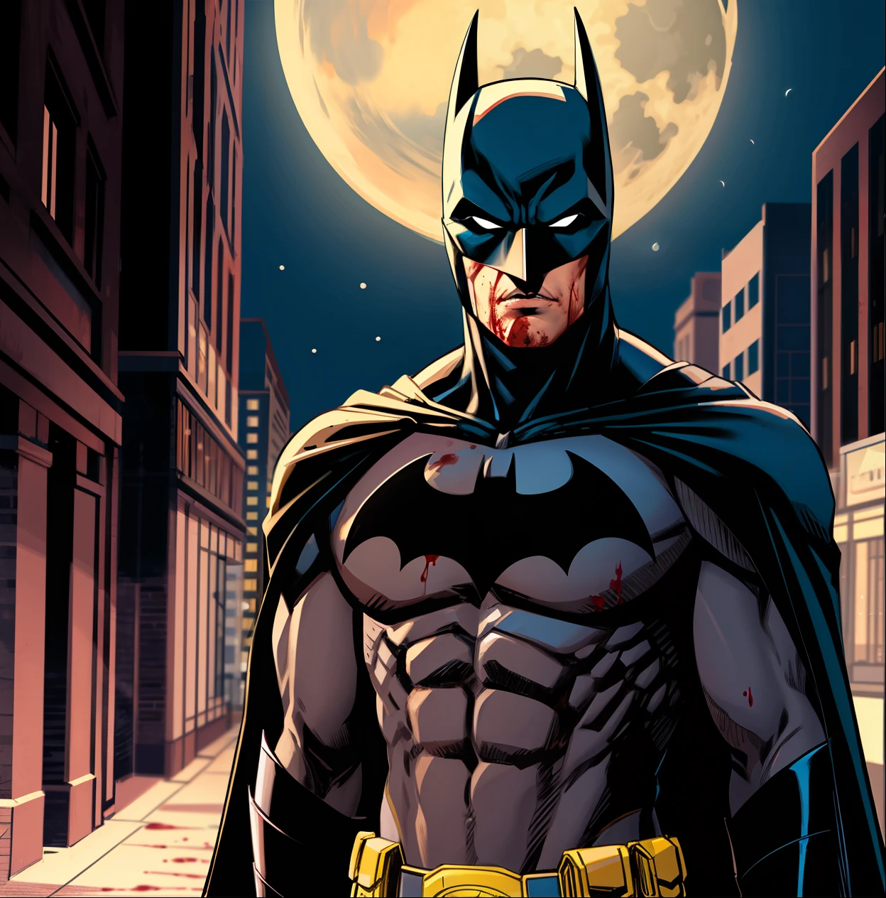 batman,1boy,,city,moon,blood on face,blood on clothes,solo,grey bodysuit,utility belt,black cape,black gloves,superhero,masterpiece,best quality