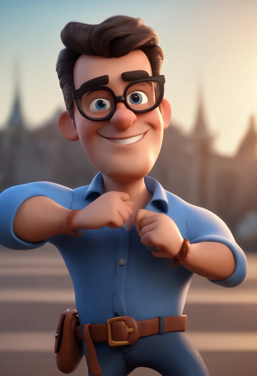 Cartoon character of a man with black glasses and a blue shirt, animation character, Caractere estilizado, animation style rendering, 3D estilizado, Arnold Maya render, 3 d render stylized, toon render keyshot, Personagem 3D, Personagem 3D, 3d rendering stylized, 3 d character render, personagem de desenho animado, Personagem de close up, Pose de personagem, (Estilo Pixar) (master part:1.2) (Bokeh) (best quality) (pele detalhada) (textura detalhada) (8k) (argila) (Cinematic lighting) (foco nítido
