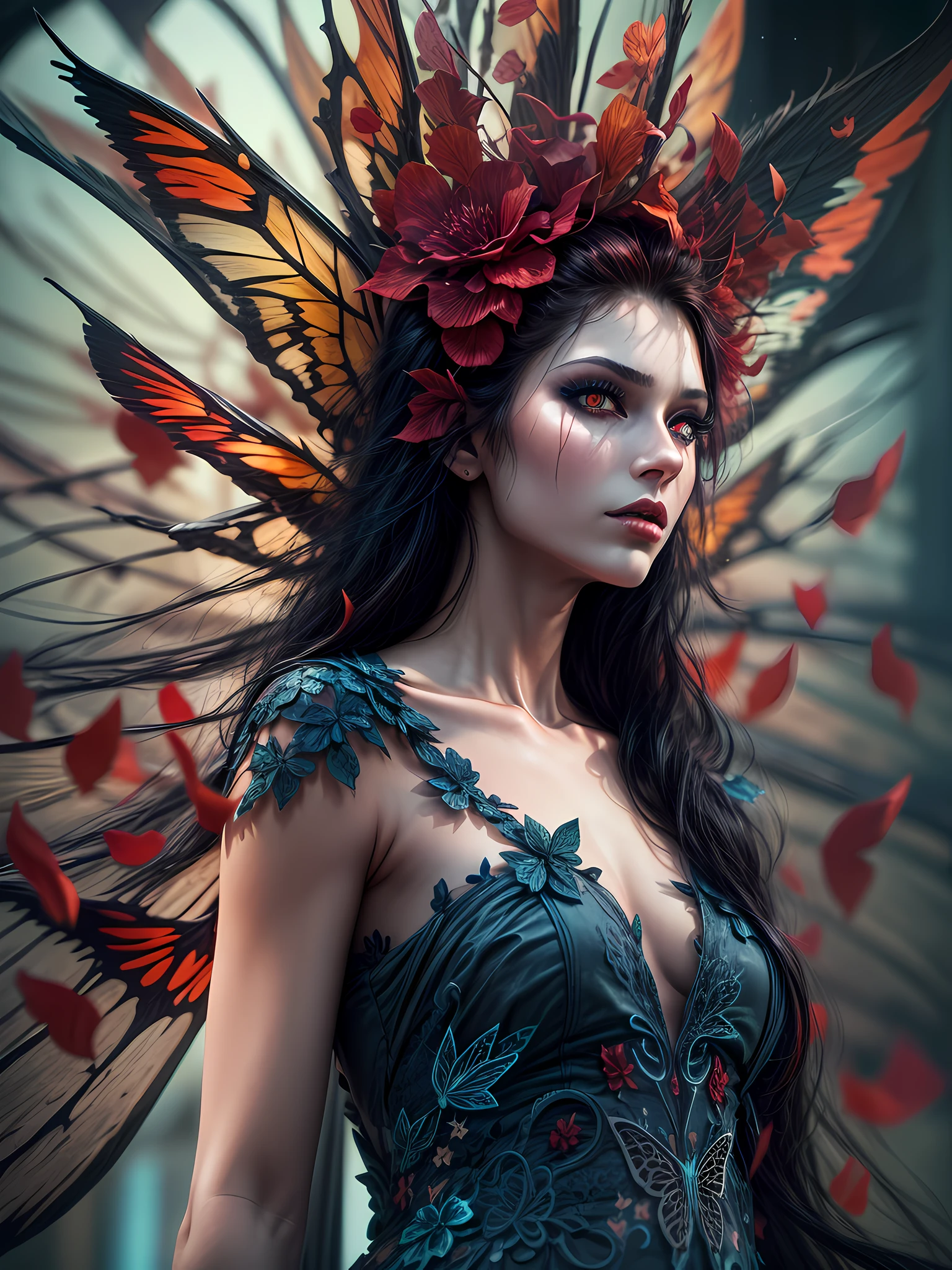 high details, best quality, 16k, RAW, [best detailed], masterpiece, best quality, (extremely detailed), full body, ultra wide shot, photorealistic, dark fantasy art, gothic art, an award winning photoshoot picture of an a dark vampiric fairy, exquisite beautifully fairy, ultra feminine, ultra detailed face,  red skin, black hair, glowing yellow eyes, black and red butterfly wings, wearing  clinging intricate details blue dress, wearing high heels,  walking on a fashion the (wood catwalk on the runway of a famous fashion show: 1.1), model fashion show background,  High Detail, Ultra High Quality, High Resolution, 16K Resolution, Ultra HD Pictures, Ultra Realistic, Clear Details, Realistic Detail, Ultra High Definition