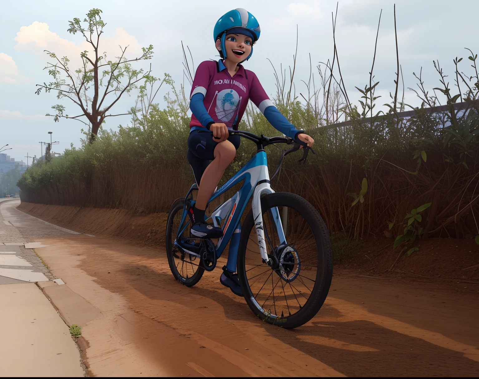 (8k, Foto RAW, best quality, master part:1.2), (detalhes intrincados), olhos perfeitos, rosto perfeito, perfect lighting, Beautiful, (master part:1.2), (best quality:1.2), 1menimo andando de bicicleta, sozinho, com capacete de ciclista ((cabelos loiros baixo)), torso adolescentes, 14 anos, leve sorriso, (roupa bermuda e camisa de ciclismo, azul evermelha), pedalando, 3DMM