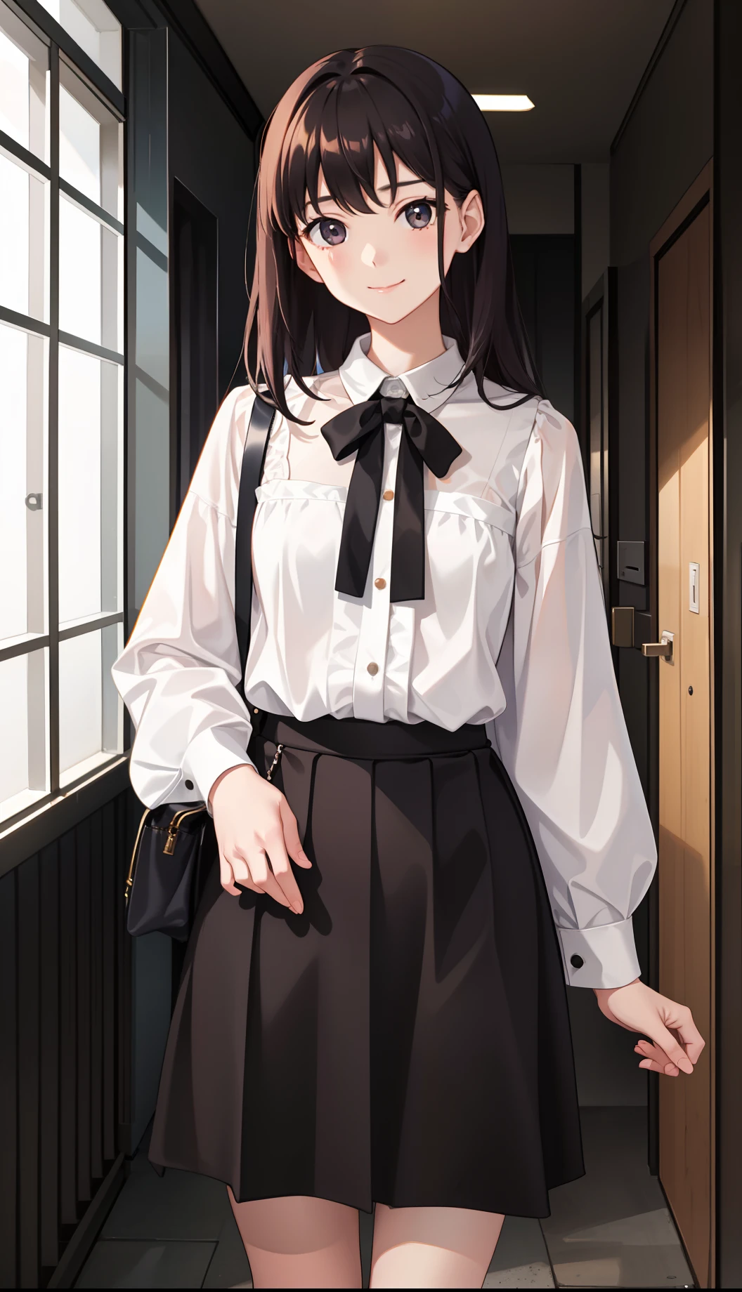 1girl in、A smile、The shirt、Blouse、（paler）skirt by the、（small tits）Chilarism、movement、