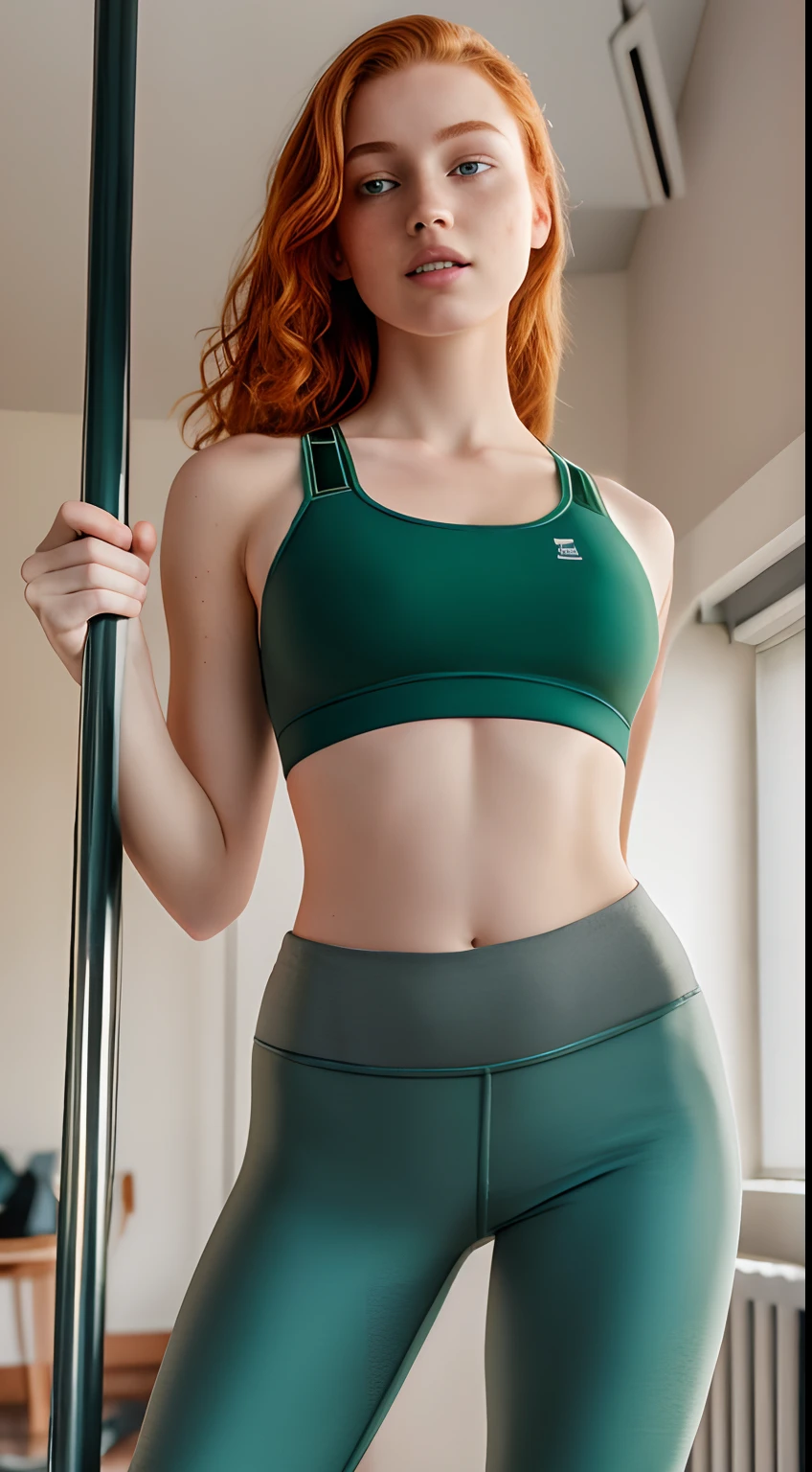 arafed instagram supermodel, Kazakhstan features, mid-length yellow hair, pale skin, perfect face, looking hot, Victoria secret model body, lisa blackpink, lily rose depp, harsh polaroid flash, night, vintage quality, alo yoga pants, sports bra