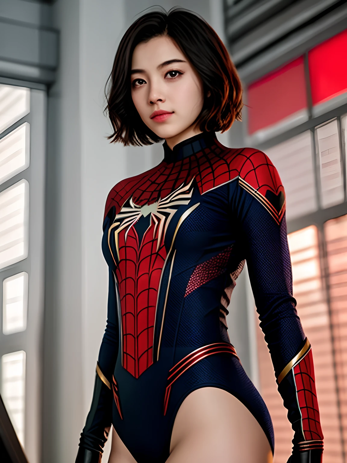 Close-up, mulher (spiderman suit, Arden Cho), fotorrealista, ultra-detalhado, detalhes intrincados, super detalhado, volumático, HDR, Realistic, Motor irreal, 16k, foco nítido, octan render, da mais alta qualidade, Foto RAW, cinematic  composition,