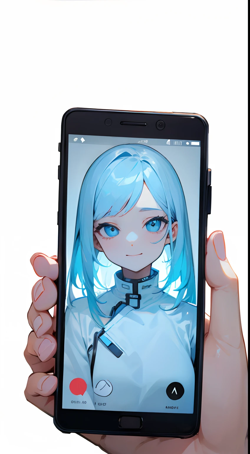 [a hand holding a smartphone, POV, screen, technological, simple, rectangle, white background, , smartphone wallpaper: woman inside a smartphone,youtuber, perfect face, expressive eyes,photo,smilling, white shirt, perfect anatomy:8]