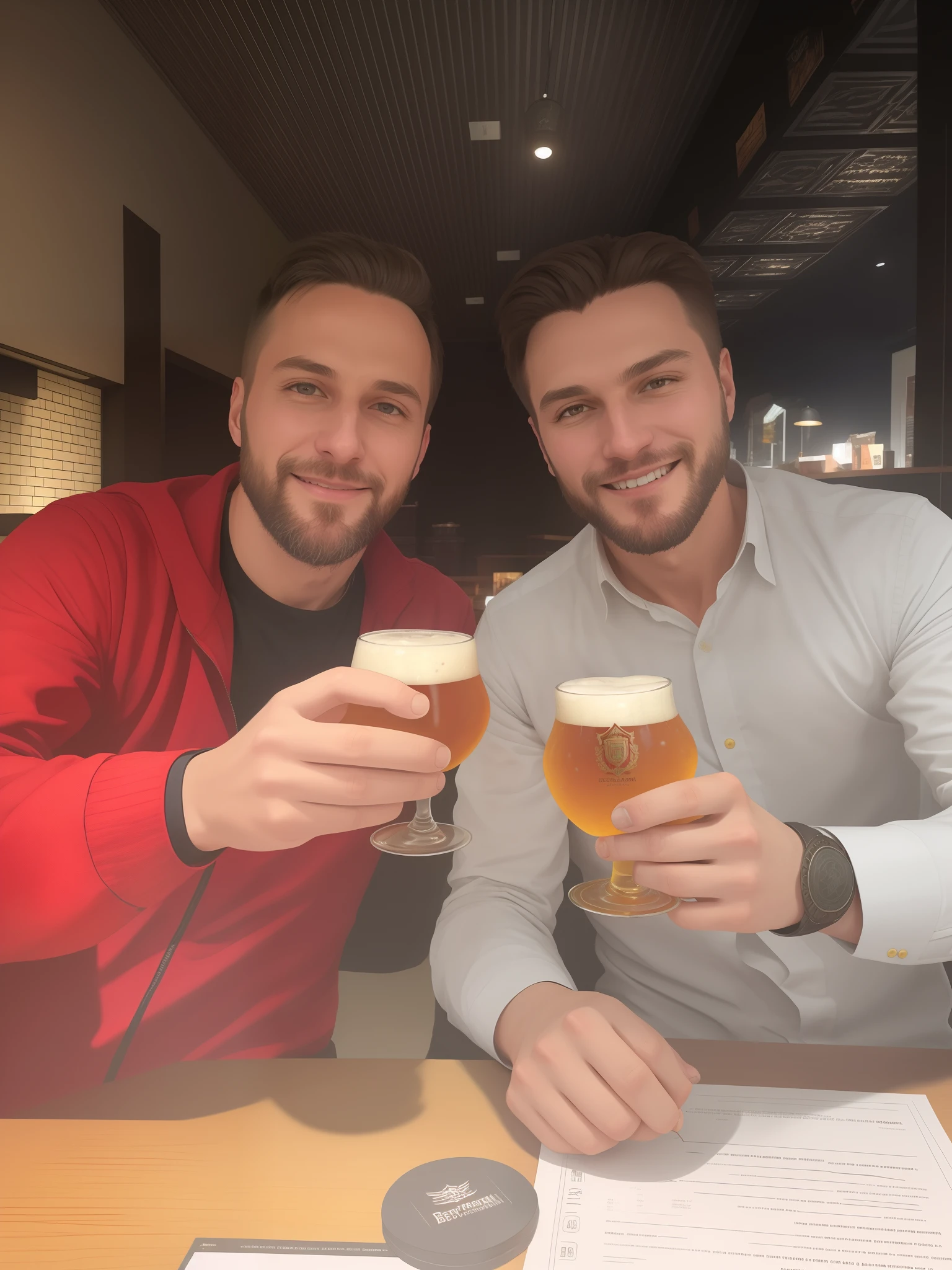 Two men sitting at a table with beers in their hands, segurando cerveja, beber uma cerveja, cervejas na mesa, pessoas bebendo cerveja, beber cerveja, obrigada, segurando uma cerveja, segurando uma cerveja!!, beer in hand, Greg Rutkowski e Ivan Shishkin, Greg Rutkowski e Jakub Rebelka, Vitaly Bulgarov e Mike Nash