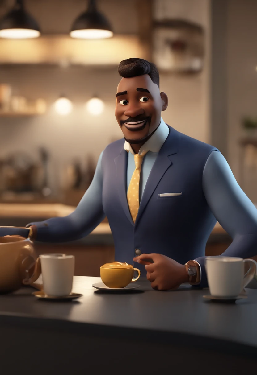 um poster de um filme disney pixar,homem de pele clara ,nariz redondo,sobrancelhas grossas,cabelo raspado preto, usando um terno azul marinho,camisa azul clara,Navy blue tie at the front desk of a condominium holding a cup of coffee Pixar character style with title Organic Employee Animation Character, Caractere estilizado, animation style rendering, 3D estilizado, Arnold Maya render, 3 d render stylized, toon render keyshot, Personagem 3D, Personagem 3D, 3d rendering stylized, 3 d character render, personagem de desenho animado, Personagem de close up, Pose de personagem, (Estilo Pixar) (master part:1.2) (Bokeh) (best quality) (pele detalhada) (textura detalhada) (8k) (argila) (Cinematic lighting) (foco nítido