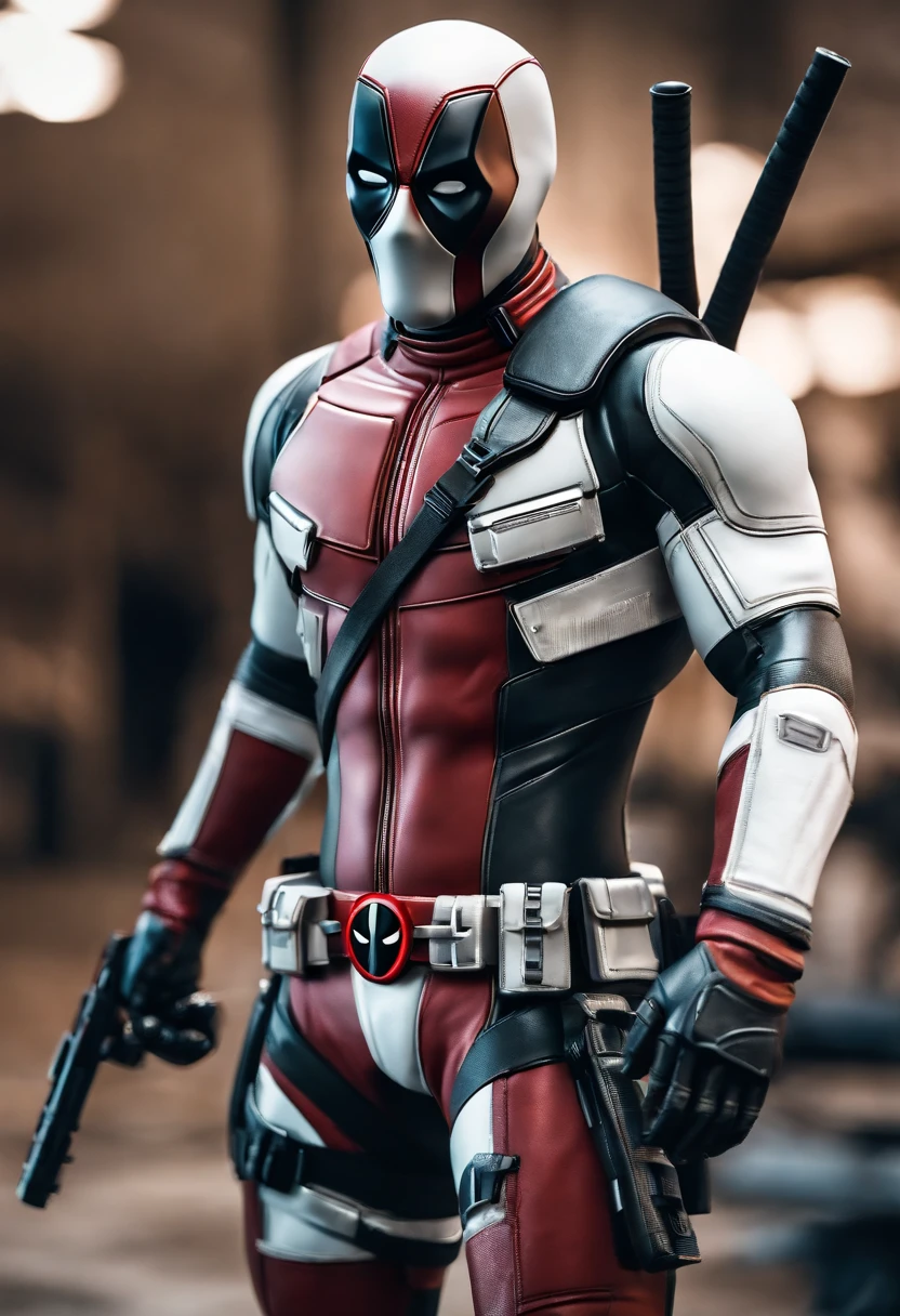 A deadpool, real white with titanium cybernetic suit, detalhado, designe perfeito, alta qualidade arestas perfeitas e simmetricas ::n_desenho de estilo, low quality defect, boneco, game, anime