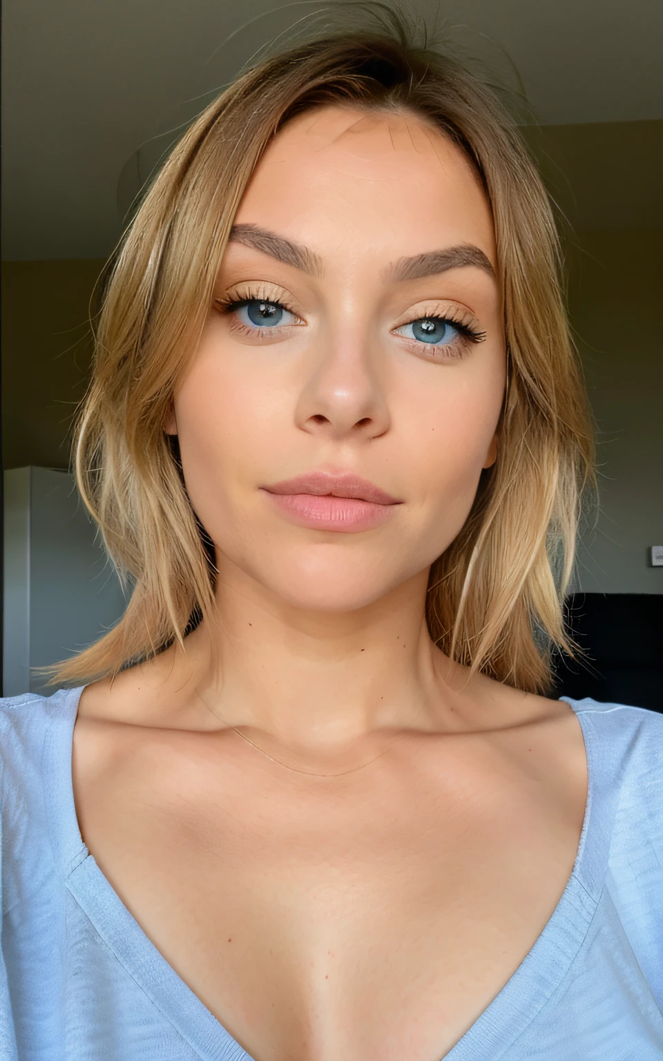 1 femme, Cheveux longs blonde, yeux bleu , Condo, nounous, ciel , voie enface la camera