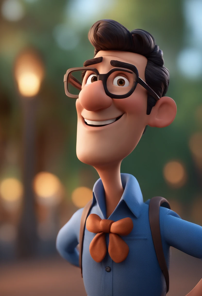 Cartoon character of a man with black glasses and a blue shirt, animation character, Caractere estilizado, animation style rendering, 3D estilizado, Arnold Maya render, 3 d render stylized, toon render keyshot, Personagem 3D, Personagem 3D, 3d rendering stylized, 3 d character render, personagem de desenho animado, Personagem de close up, Pose de personagem,  (Estilo Pixar) (master part:1.2) (Bokeh) (best quality) (pele detalhada) (textura detalhada) (8k) (argila) (Cinematic lighting) (foco nítido