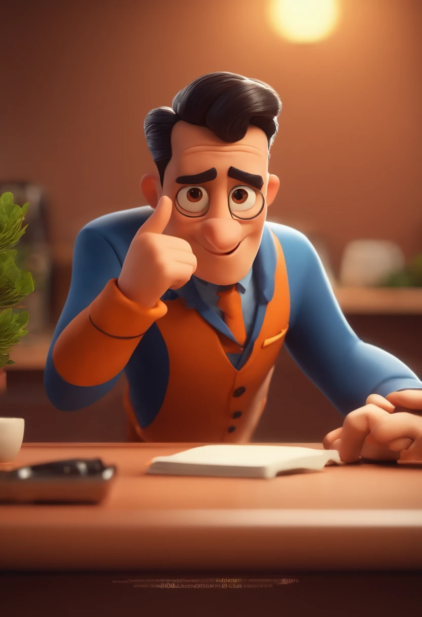 um poster de um filme disney pixar,homem de pele clara ,nariz redondo,Sobrancelhas Grossas,cabelo raspado preto, usando um terno azul marinho,camisa azul clara,Navy blue tie at the front desk of a condominium holding a cup of coffee Pixar character style with title Organic Employee Animation Character, Caractere estilizado, animation style rendering, 3D estilizado, Arnold Maya render, 3 d render stylized, toon render keyshot, Personagem 3D, Personagem 3D, 3d rendering stylized, 3 d character render, personagem de desenho animado, Personagem de close up, Pose de personagem, (Estilo Pixar) (master part:1.2) (Bokeh) (best quality) (pele detalhada) (textura detalhada) (8k) (argila) (Cinematic lighting) (foco nítido