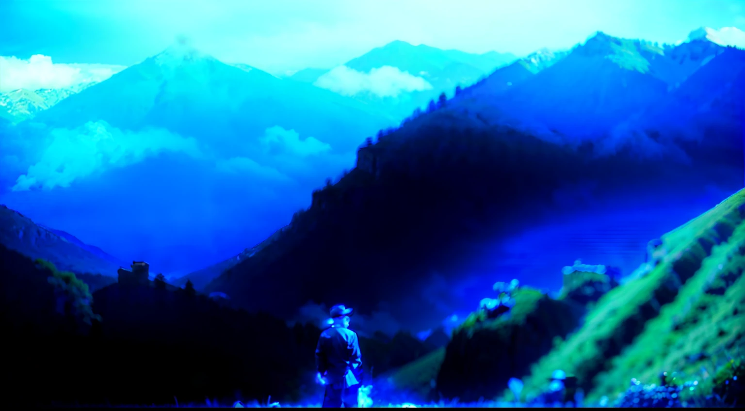 Man over 50 years old,moreno, con bigote, mirada profunda, vestido con traje, Standing on top of a mountain, con cuchillo en la mano, el fondo del paisaje gris y tenebroso, en la mejor calidad,8k, realista, en formato 16:9