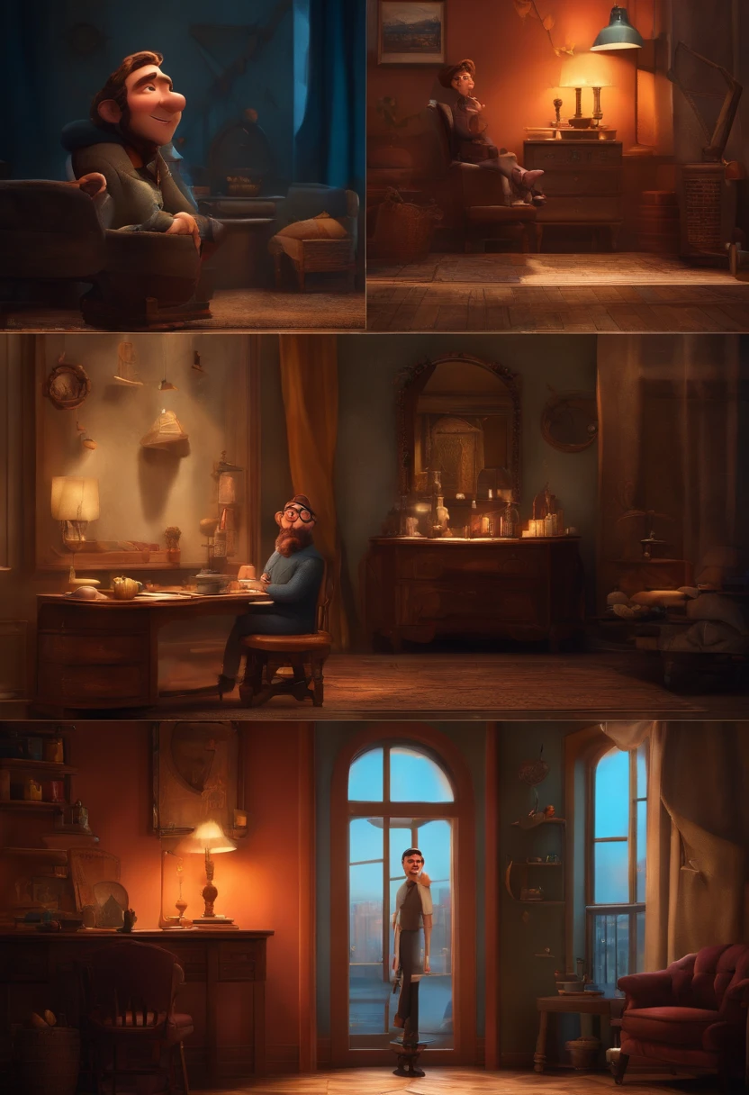 A Dream Architect Inspired by Pixar Animation, de perto. Facial expressions are captivating, com um toque de irrealidade.