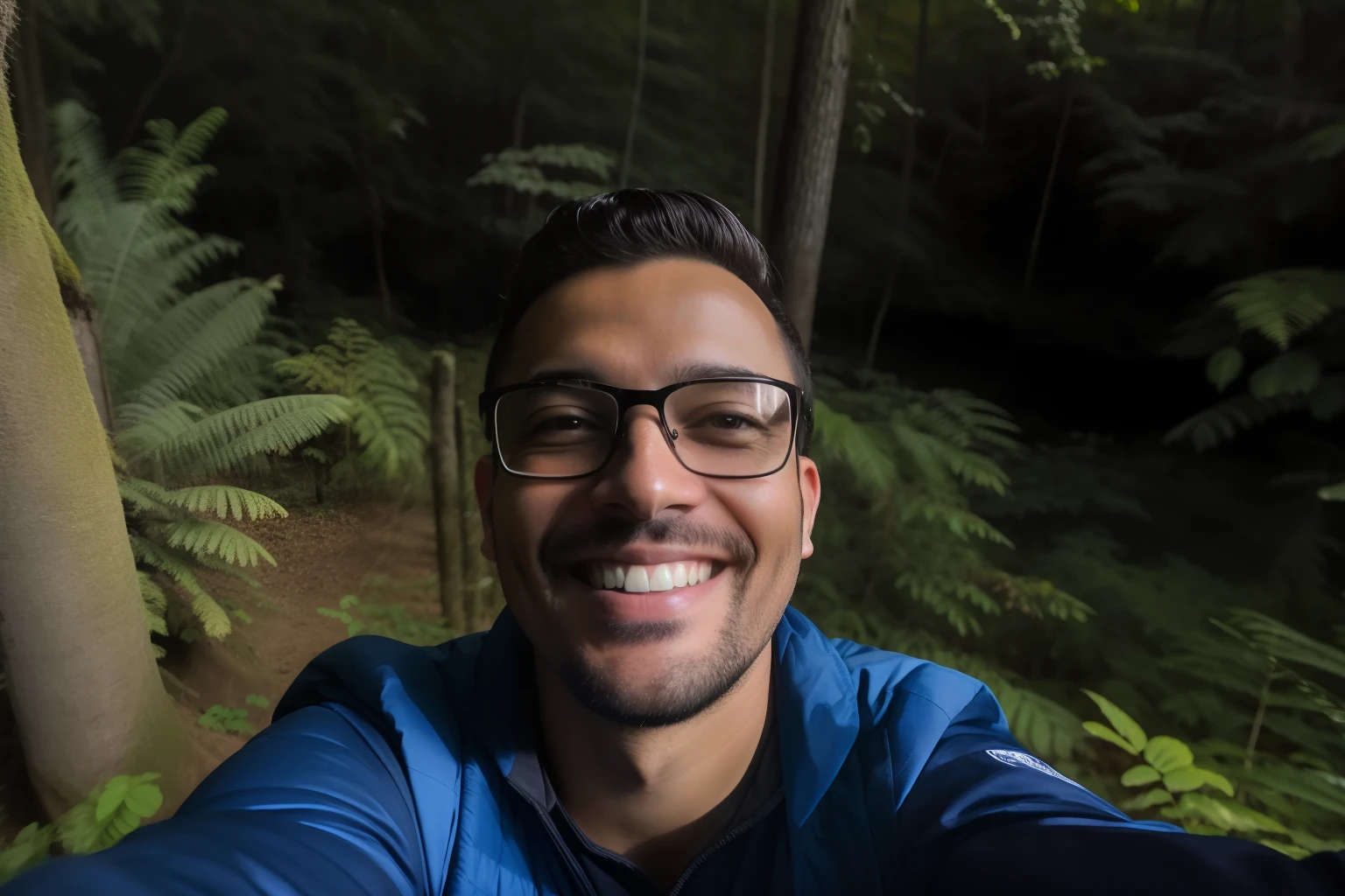 Smiling man taking a selfie in the forest with a camera, em frente a um fundo de floresta, imagem do avatar, foto selfie, Foto realista, in front of an amazing forest, andres rios, Cristiano Orrillo, foto de perfil headshot, Forrest em segundo plano, Fotografia selfie 8k, sorrindo e olhando diretamente, imagem de qualidade muito baixa, Alex Miranda