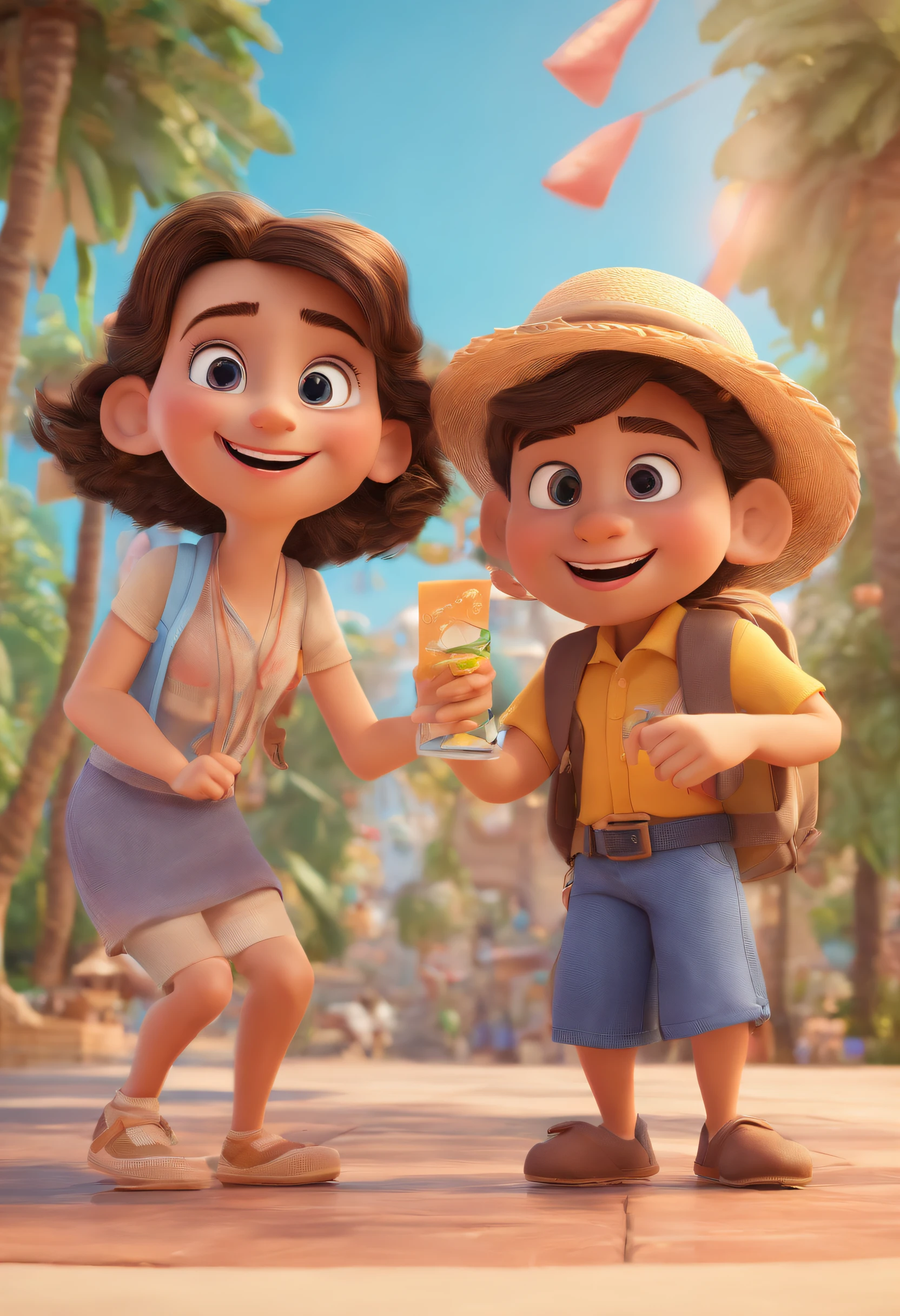 Cartoon of friends having fun on vacation together, 3D Animation Movie Poster, Poster de filme animado, pixar 3 d animation style, pixar renderman rendering, maia 8 mil, animated film, Disney Pixar Estilo 3D, amigos felizes saem juntos, all wearing light blue shirts and cream brown long pants, camisa azul clara, cream brown pants, ao ar livre, vacation, Disney Pixar Animation Poster
