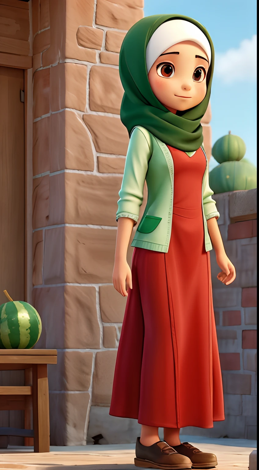 Muslim girl, palestenian, long drees, Water melon, slice of, green, red, black