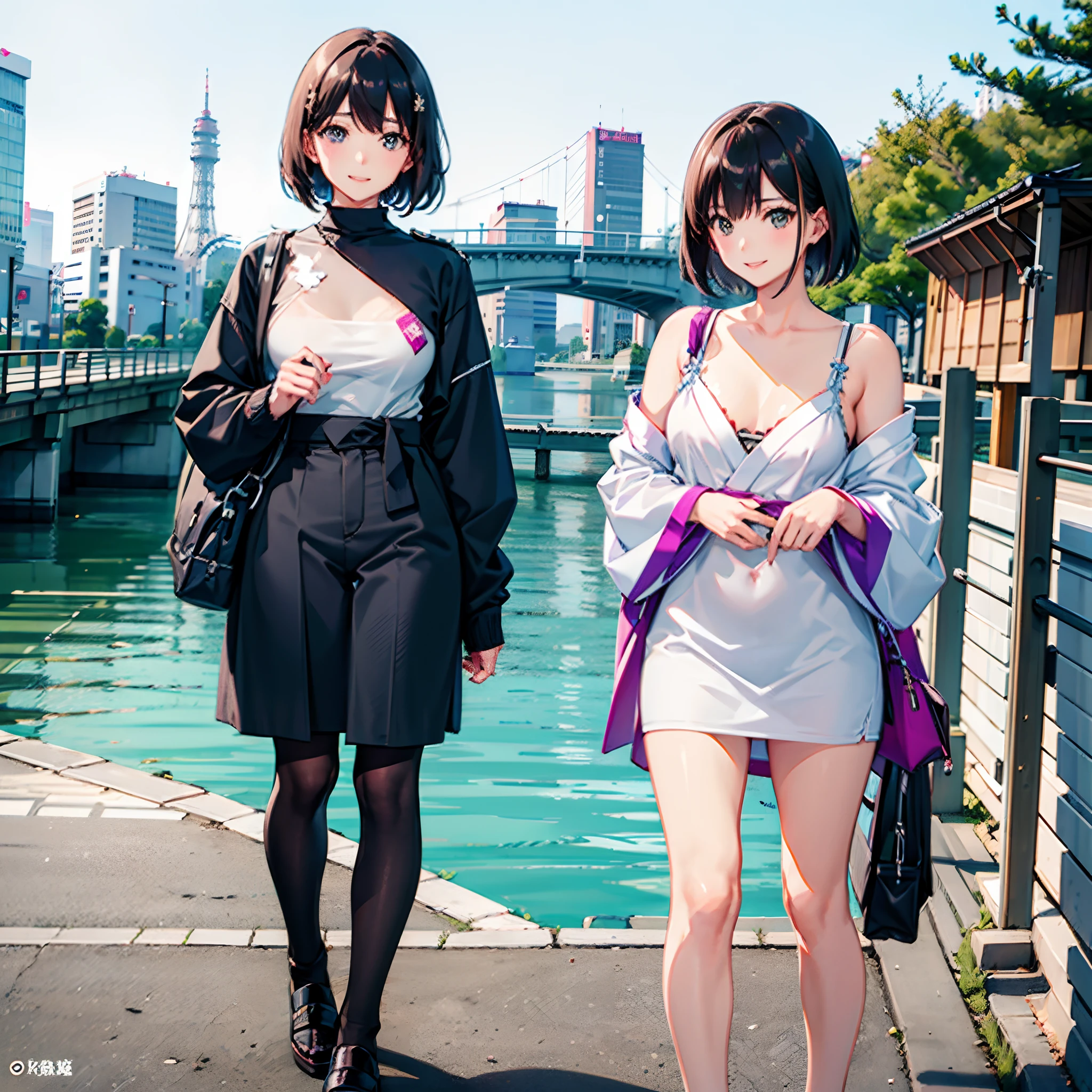 Two Japan women exposed in a park on the Sumida River in Japan、She was a 27-year-old woman with loose, fluffy short hair and lobbed hair、One is a 31-year-old woman with small breasts and a dark brown lob、The two are having fun、small tits、Small、discreet breasts、street snap、Adult Women's Plain Clothes、Sheer feeling、Beautuful Women、Looking at me with a smile、Underwear shows through、Uniformed women