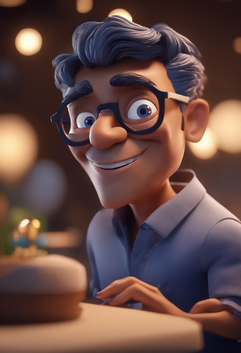 Cartoon character of a man with black glasses and a blue shirt, animation character, Caractere estilizado, animation style rendering, 3D estilizado, Arnold Maya render, 3 d render stylized, toon render keyshot, Personagem 3D, Personagem 3D, 3d rendering stylized, 3 d character render, personagem de desenho animado, Personagem de close up, Pose de personagem,  (Estilo Pixar) (master part:1.2) (Bokeh) (best quality) (pele detalhada) (textura detalhada) (8k) (argila) (Cinematic lighting) (foco nítido
