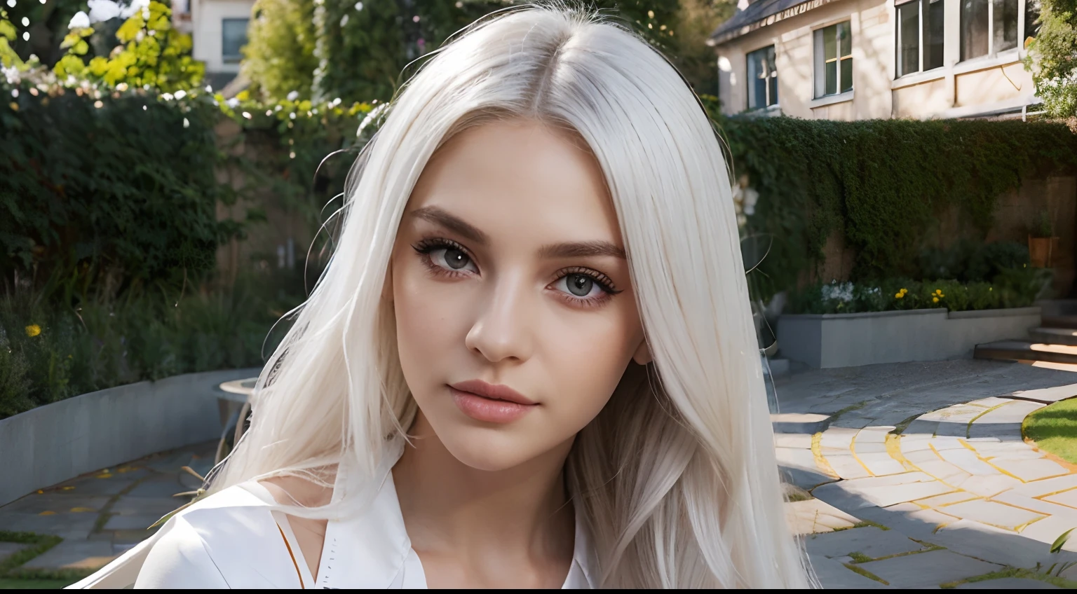 beautiful detailed eyes,beautiful detailed lips,extremely detailed eyes and face,longeyelashes,white hair,stylish clothes,confident expression,standout appearance,high heels,modern school setting,garden in the background,vibrant colors,soft lighting,pencil drawing style,stunning detail and shading,high-contrast shadows,impressive realism
