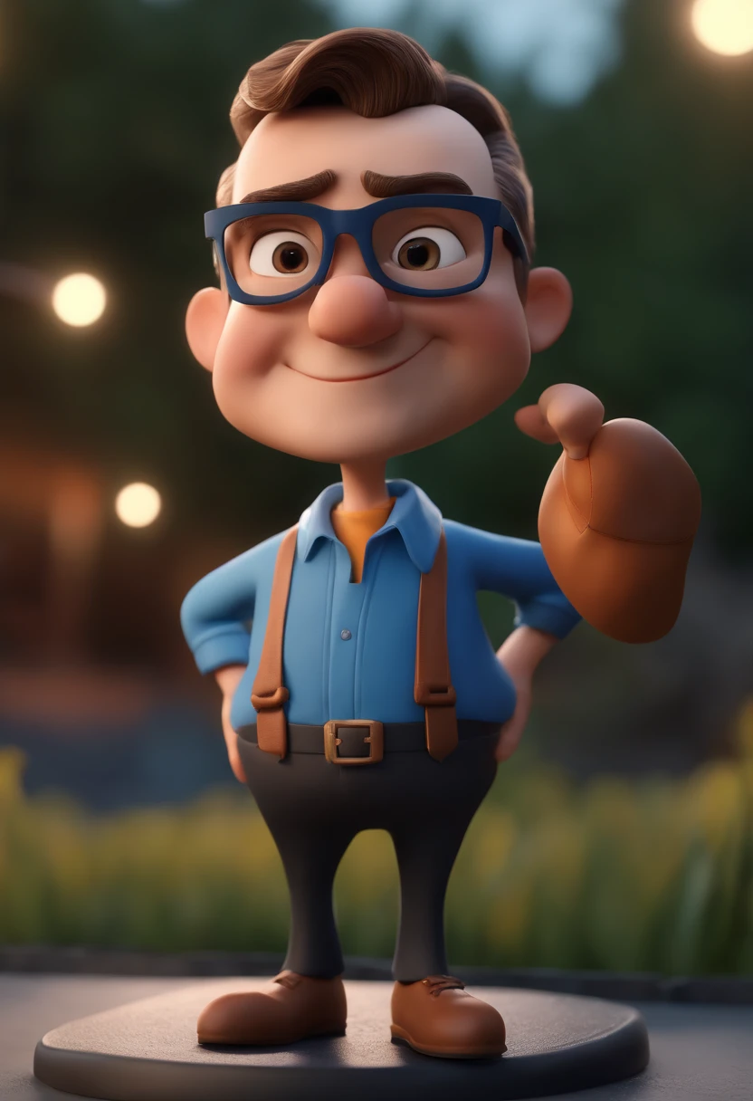 Realistic character of a man with black glasses and a blue shirt, animation character, Caractere estilizado, animation style rendering, 3D estilizado, Arnold Maya render, 3 d render stylized, toon render keyshot, Personagem 3D, Personagem 3D, 3d rendering stylized, 3 d character render, personagem de desenho animado, Personagem de close up, Pose de personagem,  (Estilo Pixar) (master part:1.2) (Bokeh) (best quality) (pele detalhada) (textura detalhada) (8k) (argila) (Cinematic lighting) (foco nítido