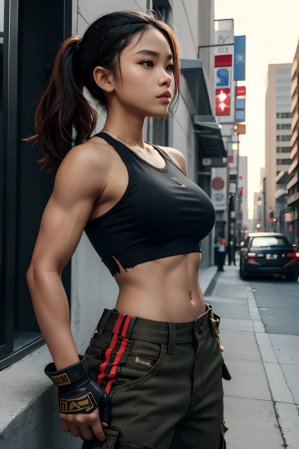 beautiful Filipino girl standing in the streets of Los Angeles, wearing a red dress, wearing black torn crop top and torn military pants, profile image, taken in the early 2000s, 24-year-old, looking fierce, Filipino woman, 1girl, military girl, soldier girl, infantry girl, camouflage uniform, torn tank top, belly button, gloves, torn military pants, athletic body with small breast, perfect body, strong muscles, half-confident face