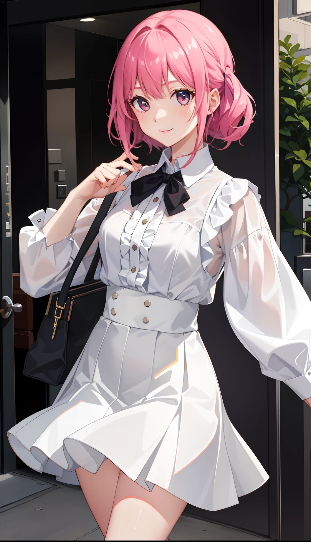 1girl in、A smile、The shirt、Blouse、（paler）skirt by the、（small tits）Chilarism、movement、