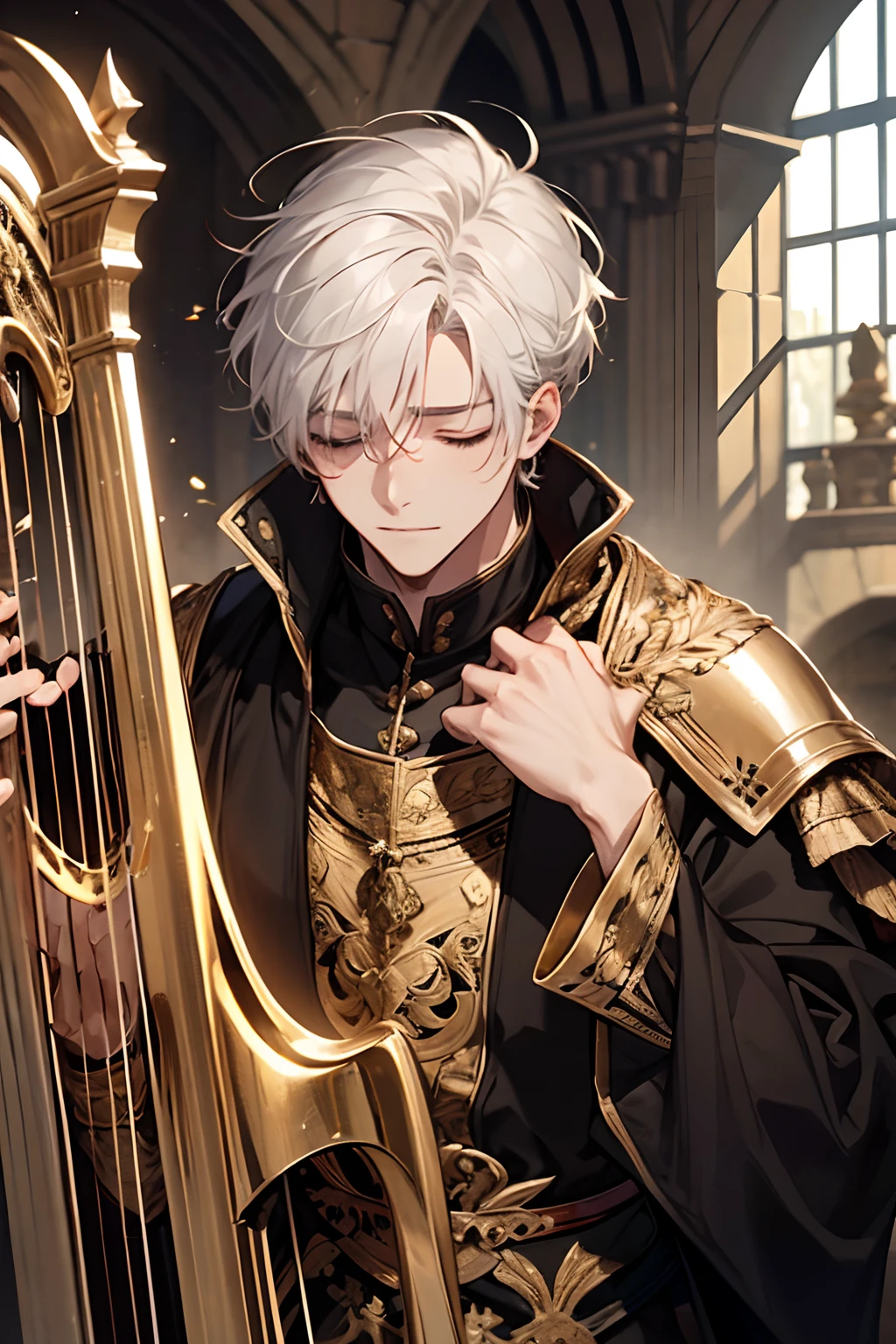 1male, holding large golden musical harp instrument against shoulder, two hands, age 35 face, short messy with bangs, white hair, closed eyes,concentrating, black clothes, royalty, in a castle, medieval times, close up