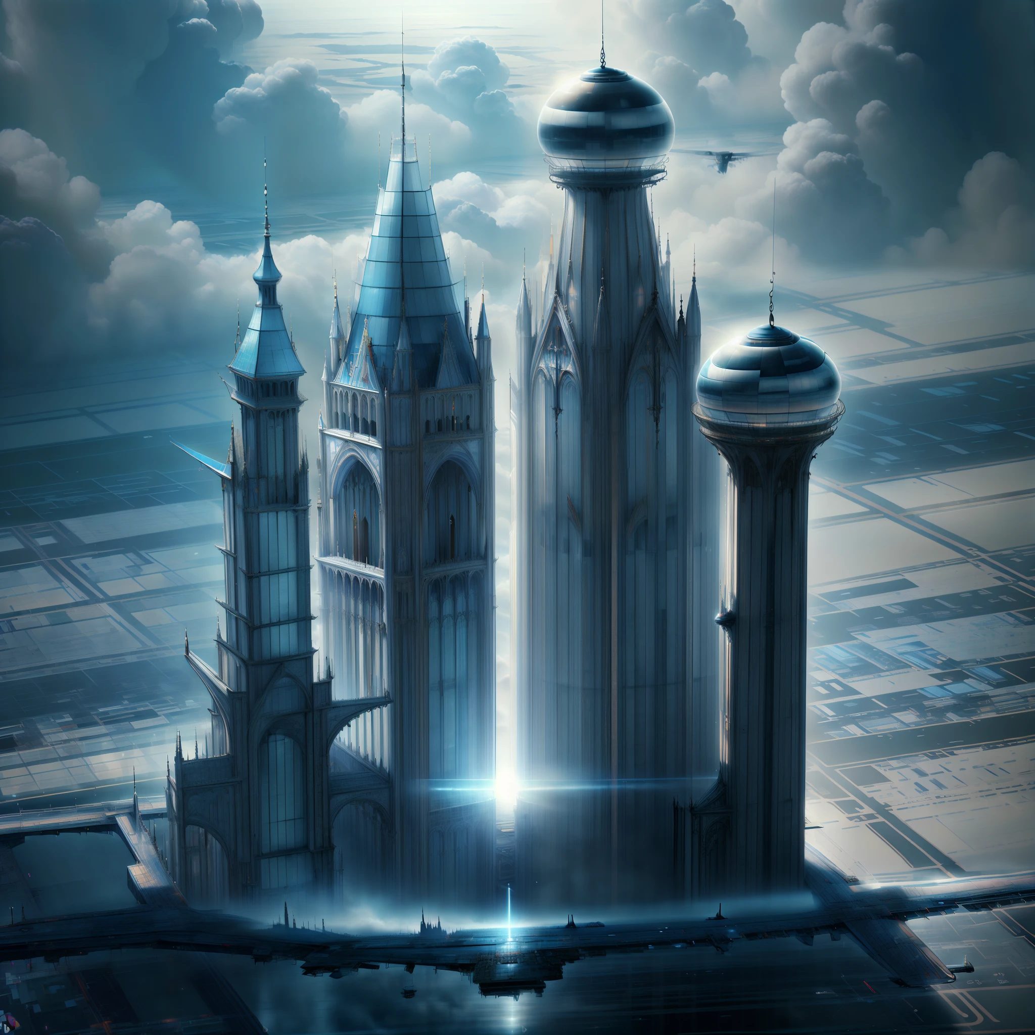 Two towers in the same size, airplane flying in the left side, pixar style