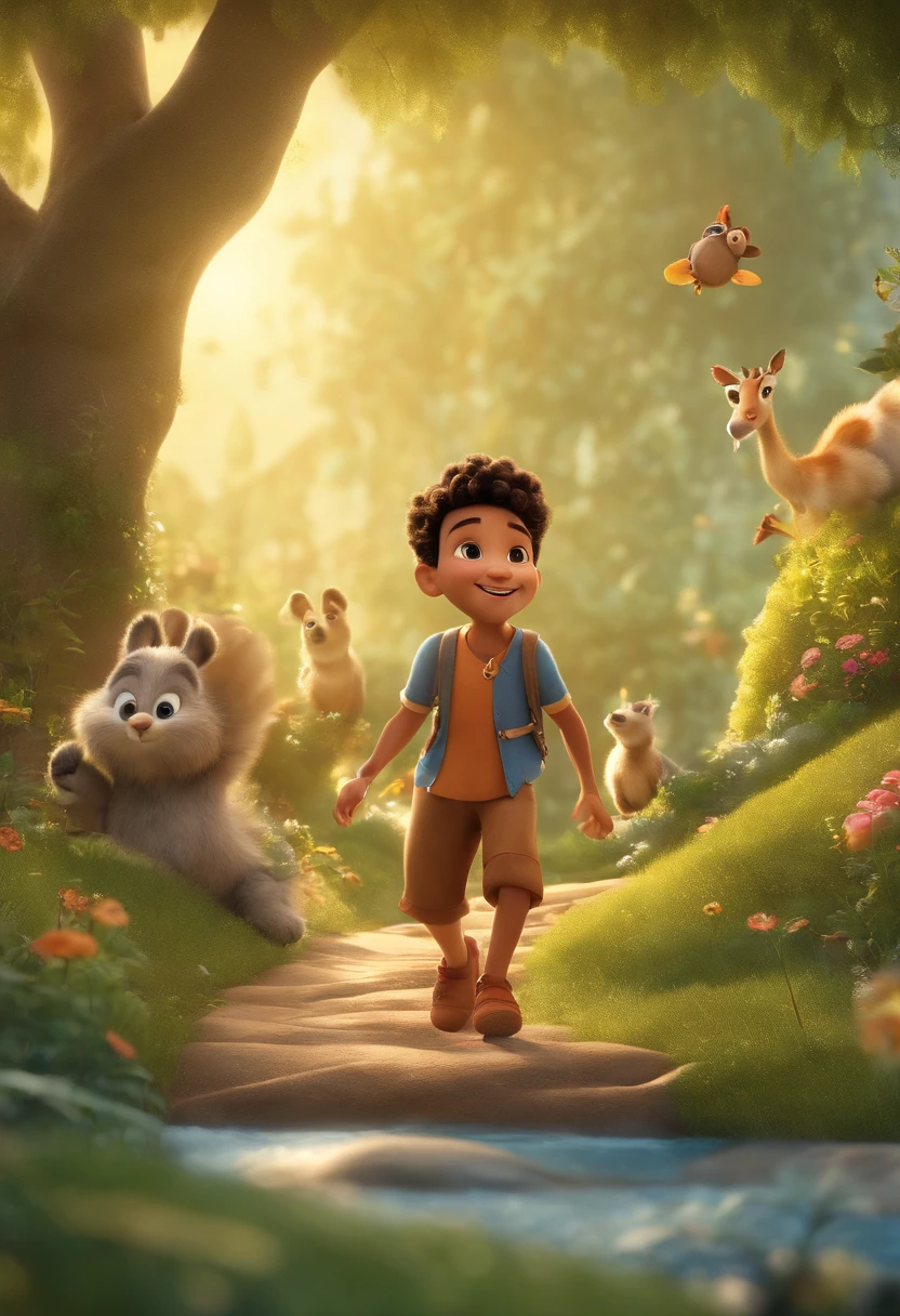 best quality,4k,8k,highres,masterpiece:1.2,ultra-detailed,realistic:1.37,boy for a Pixar-style YouTube video,illustration,imaginative landscape,every detail matters,playful and energetic,leader of the class,expressive eyes,bright smile,cute dimples,curly hair like a cloud,happy and vibrant colors,fantasy world,talking animals,big green meadow with colorful flowers,sun shining brightly in the sky,giant tree with a swing,friendly animals playing together,laughing and having fun,storybook feel,sparkling river flowing through the meadow,magical bridge leading to a hidden castle,daydreaming and exploring,adventurous spirit,wide-eyed wonder,exciting adventures,animated world full of joy and excitement,positive and inspiring,children's entertainment,content suitable for all ages,animated film style,storytelling at its best,enchanting music and sound effects,creative imagination brought to life,captivating audience,immersive experience for viewers,brings joy and happiness