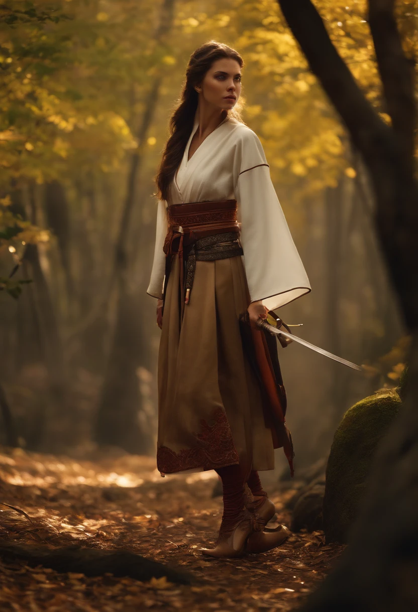 4k, Realistic, Muito Detalhe, there is a girl in a wood, She's a Samurai, tema guerra, roupas macias, cabelos longos, usando legging, 25 anos, corpo inteiro, usando sapatos gucci