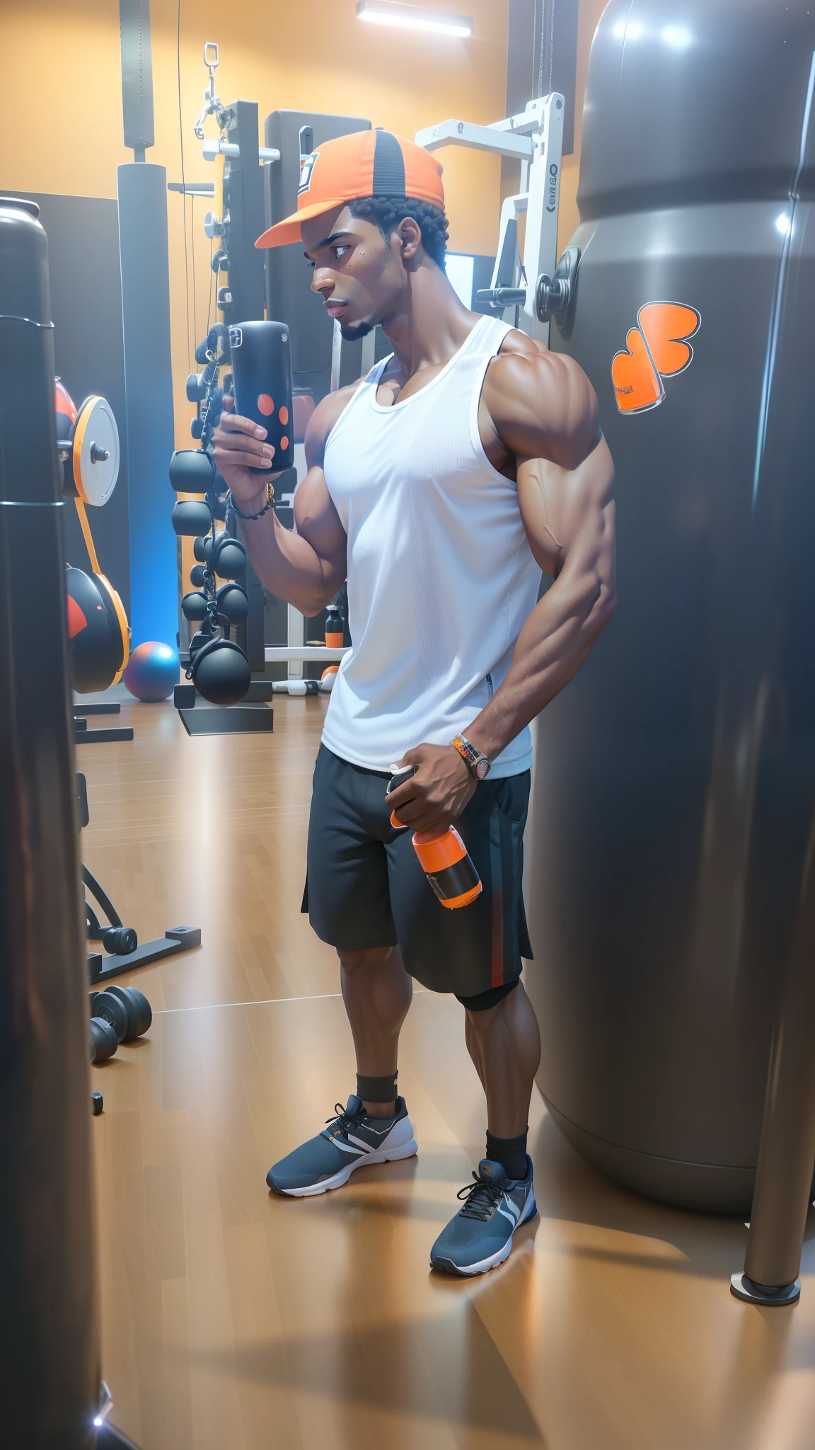 (black skin,detailed face),no beard,white tank top,black shorts,black shoes,orange hat,(engrossed expression,focused look),(athletic build,strong physique),(well-lit studio lighting),(realistic,photo-realistic:1.37),vivid colors,ultra-detailed,body sweating,red water bottle,in a gym setting,holding a cellphone in the right hand