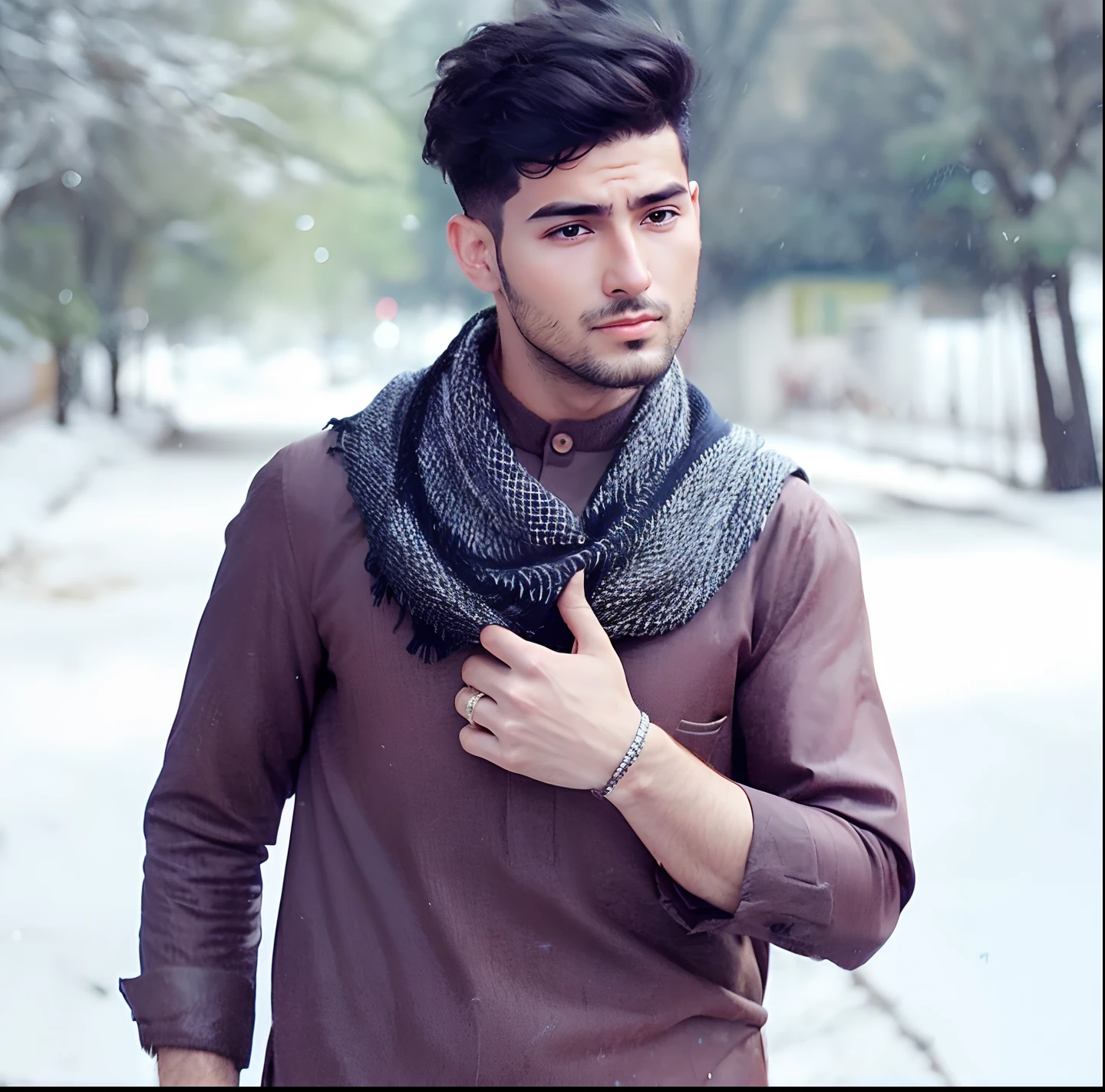 arafed man with a scarf and a ring on his neck, khyzyl saleem, an afghan male type, inspired by Fathi Hassan, mohamed chahin style, riyahd cassiem, inspired by Amir Zand, kyza saleem, handsome man, sayem reza, inspired by Shaddy Safadi, by Ismail Acar